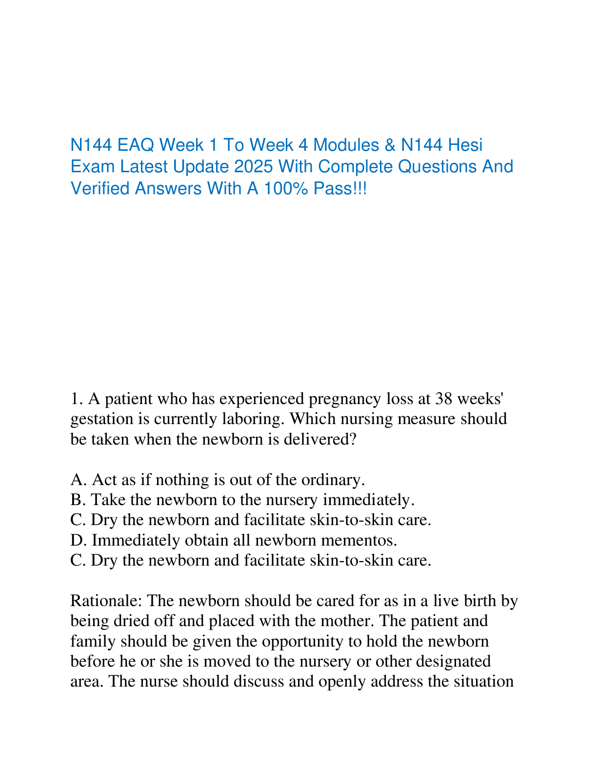 Preview of N144 EAQ Week 1 To Week 4 Modules &amp; N144 Hesi  Exam Latest Update 2025 With Complete Questions And  Verified Answers With A 100% Pass!!!