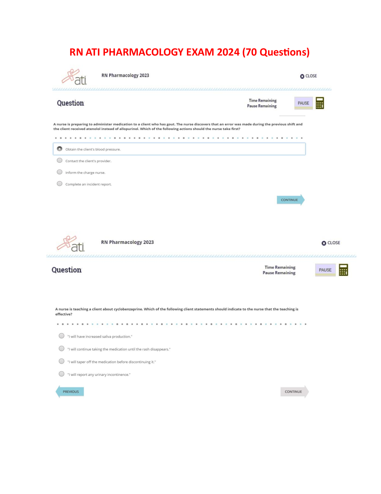 Preview image for RN ATI PHARMACOLOGY 2023 (70Questions) (1)