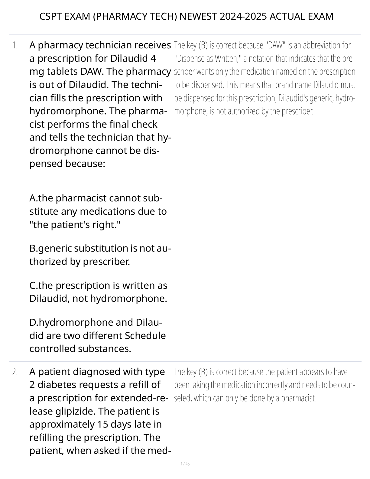 CSPT EXAM (PHARMACY TECH) NEWEST 2024-2025 ACTUAL EXAM
