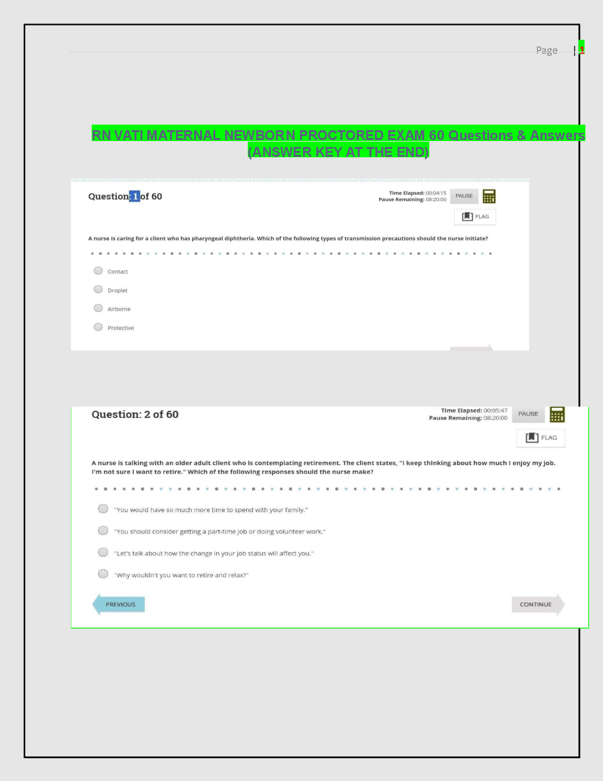 Preview image for RN VATI MATERNAL NEWBORN PROCTORED EXAM 60 Questions & Answers (ANSWER KEY AT THE END)