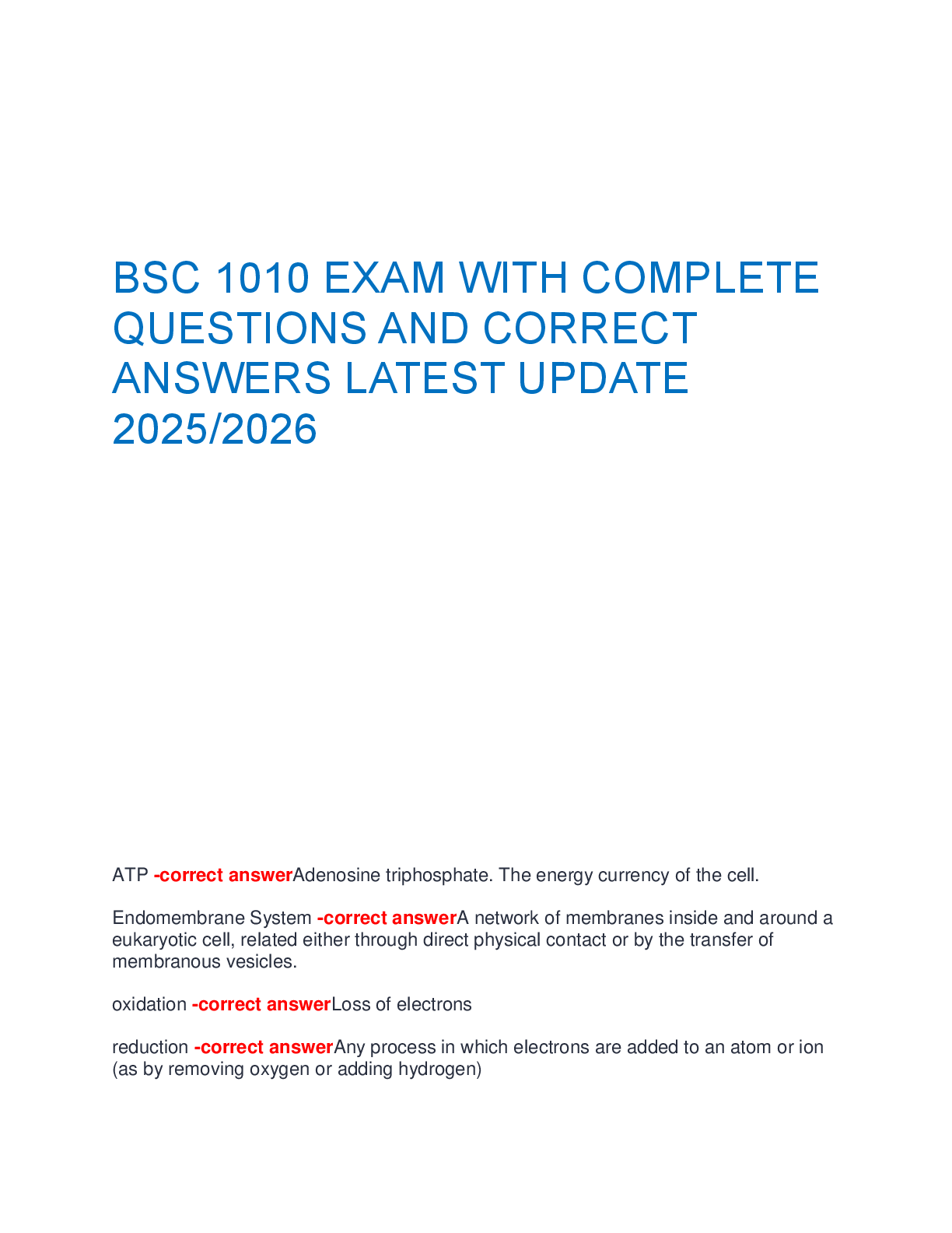 BSC 1010 EXAM WITH COMPLETE  QUESTIONS AND CORRECT  ANSWERS LATEST UPDATE  2025/2026