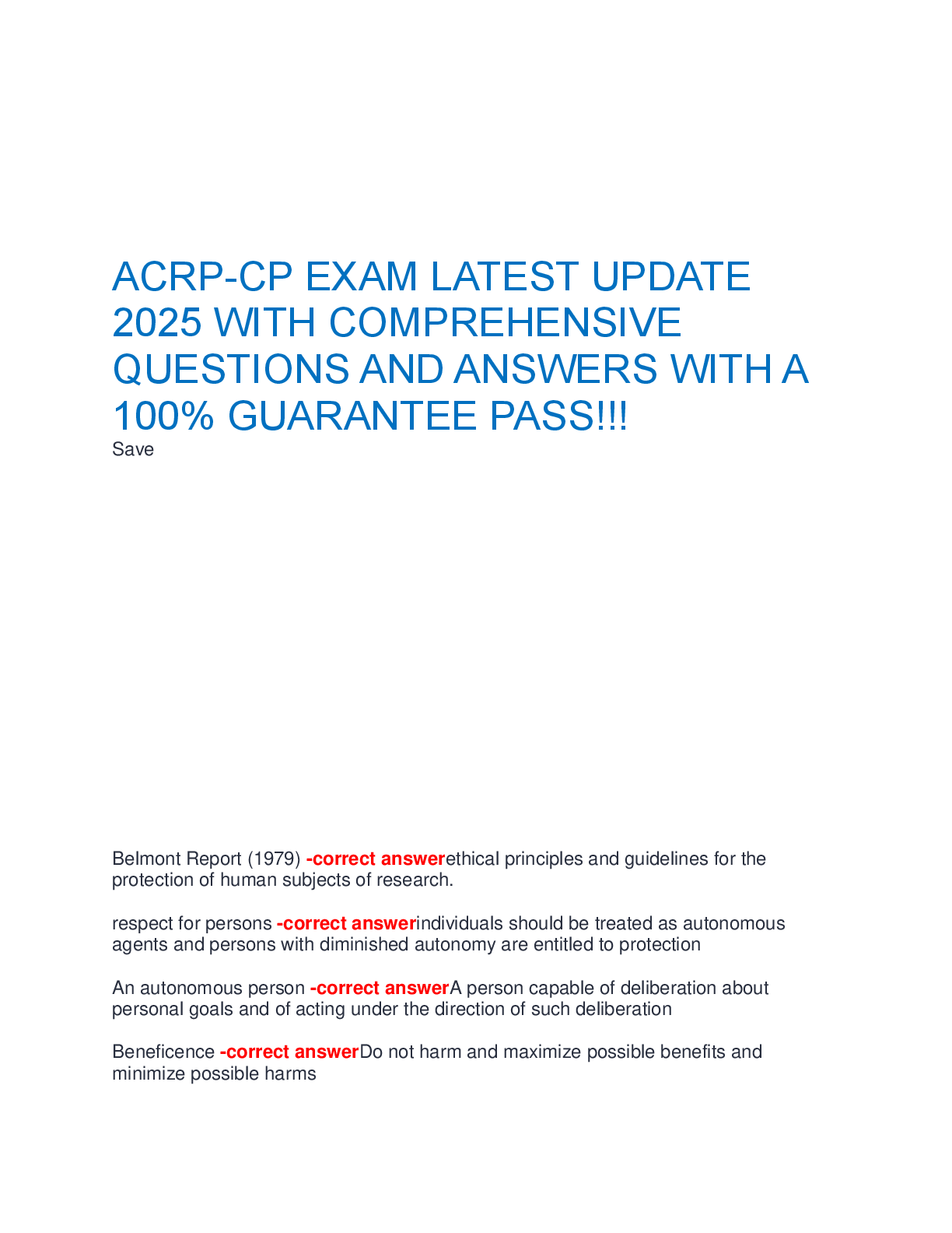 Preview image for ACRP-CP EXAM LATEST UPDATE  2025 WITH COMPREHENSIVE  QUESTIONS AND ANSWERS WITH A  100% GUARANTEE PASS!!!