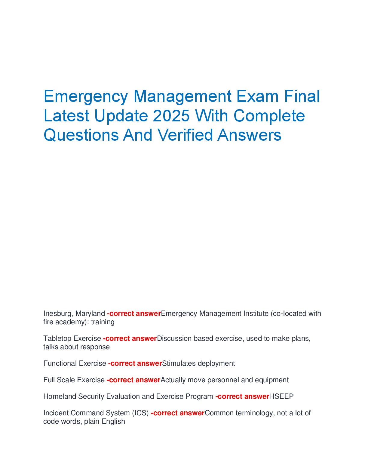 Emergency Management Exam Final  Latest Update 2025 With Complete  Questions And Verified Answers