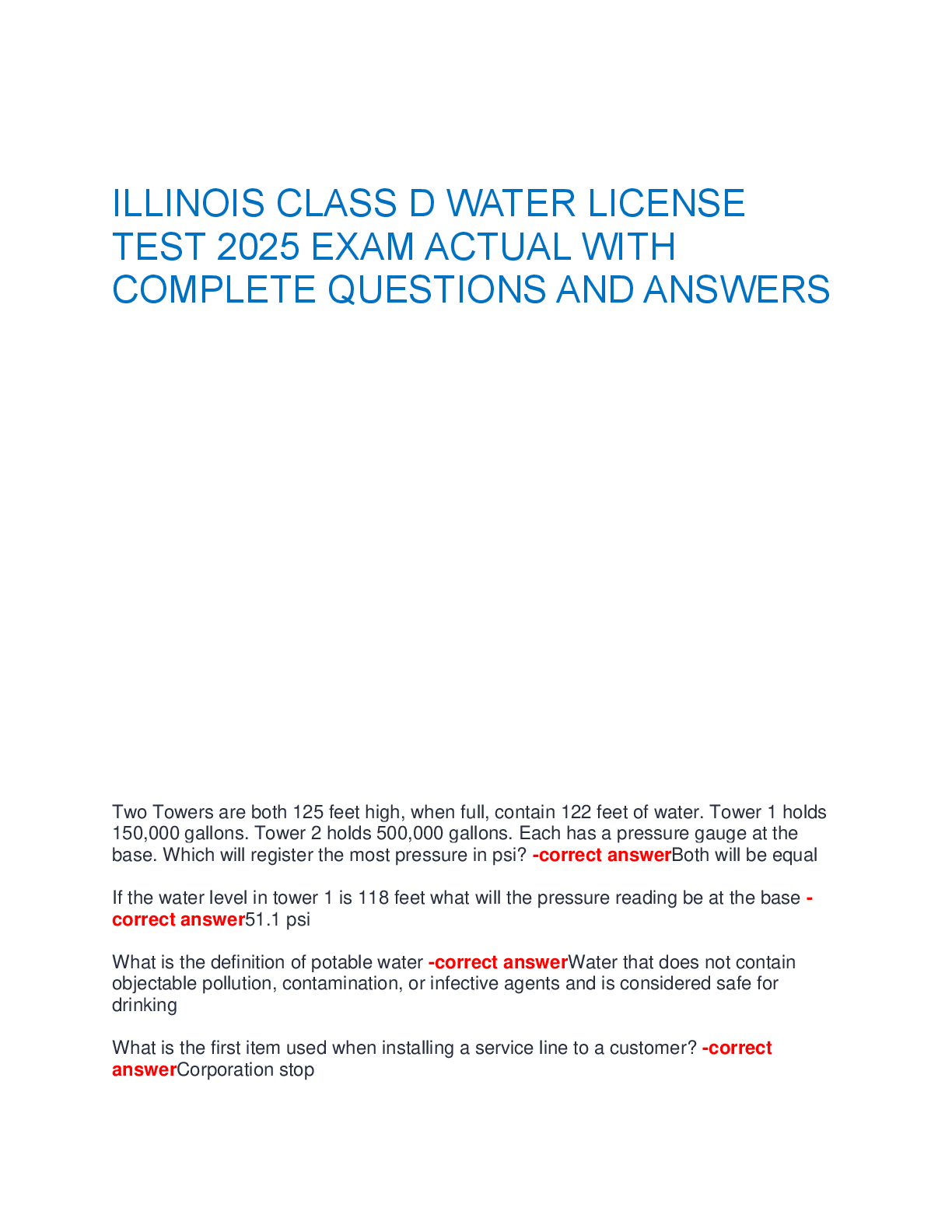 Preview image for ILLINOIS CLASS D WATER LICENSE  TEST 2025 EXAM ACTUAL WITH  COMPLETE QUESTIONS AND ANSWERS