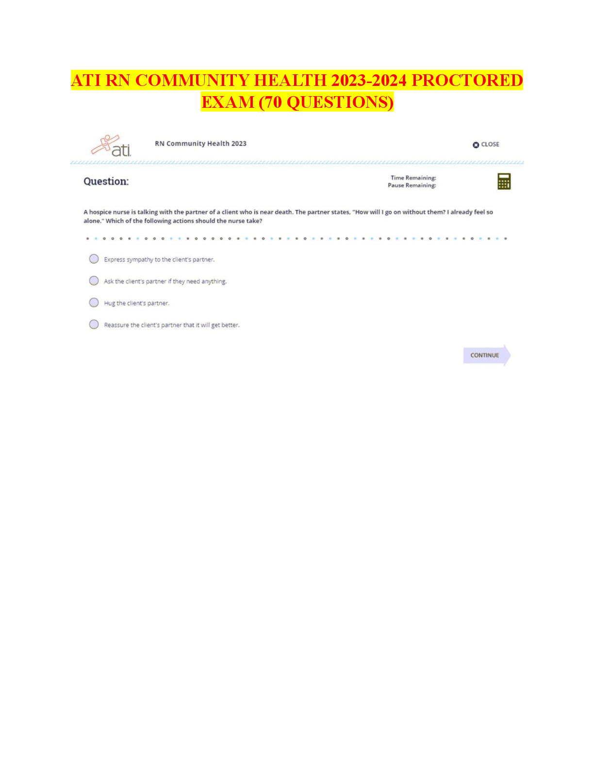 Preview image for ATI RN Community Health Proctored Exam 2023/2025 with NGN – 99% Real Exam: 70 Screenshot Questions & Answers | Complete Assessment for RN ATI Community Health Proctored Exam