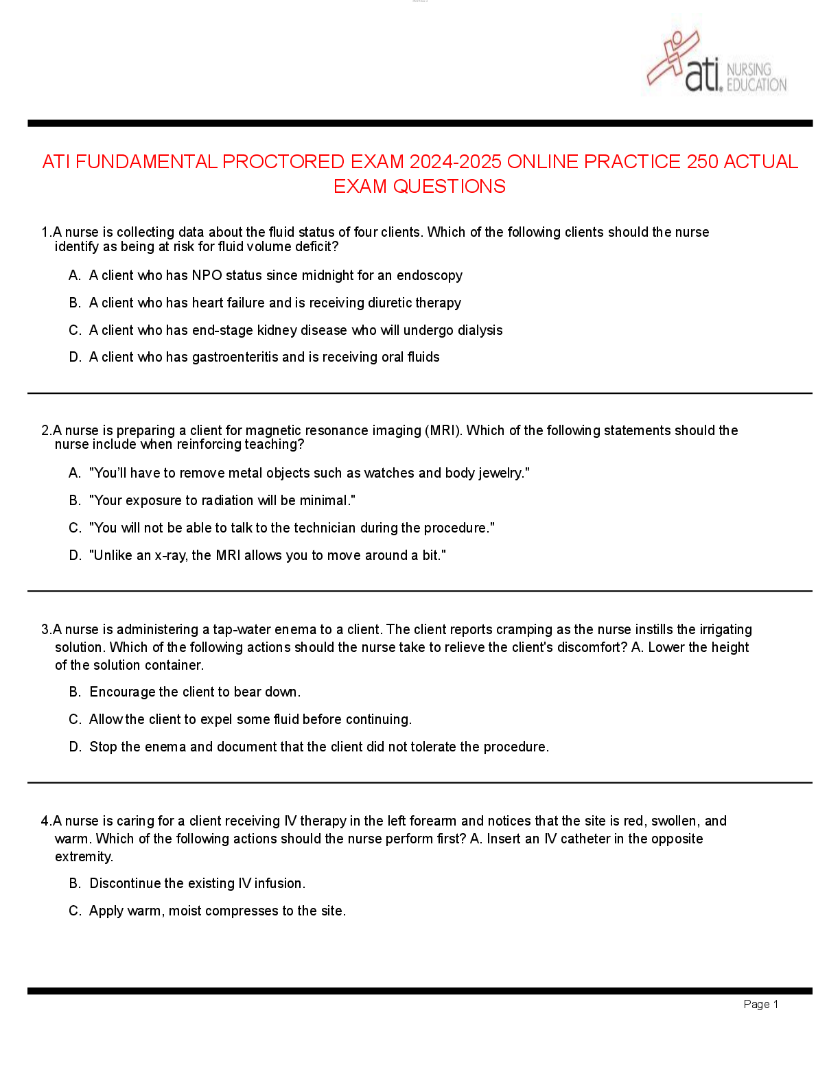 Preview image for ATI FUNDAMENTAL PROCTORED EXAM 2024-2025 ONLINE PRACTICE 250 ACTUAL EXAM QUESTIONS - Copy