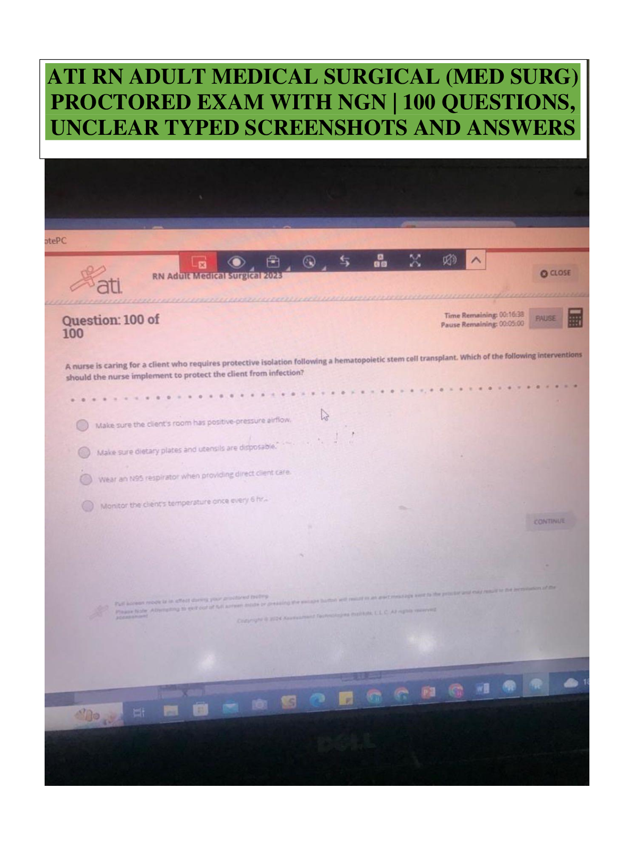Preview image for ATI RN ADULT MEDICAL SURGICAL (MED SURG) PROCTORED EXAM WITH NGN 100 QUESTIONS, UNCLEAR TYPED SCREENSHOTS AND ANSWERS.