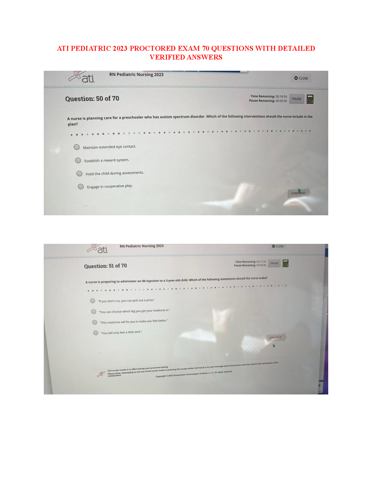 Preview image for ATI PEDIATRIC 2023-2024 PROCTORED EXAM 70 QUESTIONS WITH DETAILED VERIFIED ANSWERS