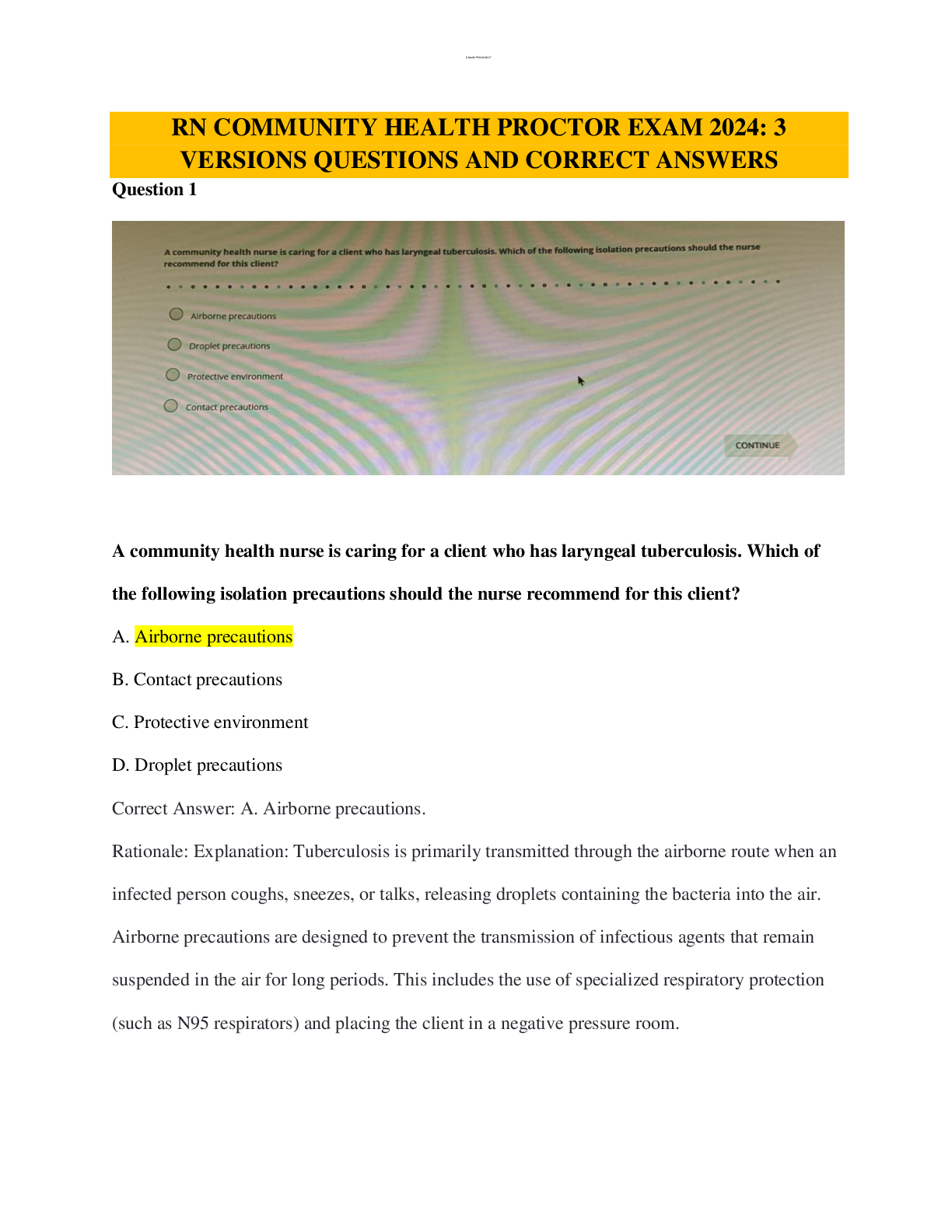 Preview image for RN COMMUNITY HEALTH PROCTOR EXAM 2024 3 VERSIONS QUESTIONS AND CORRECT ANSWERS