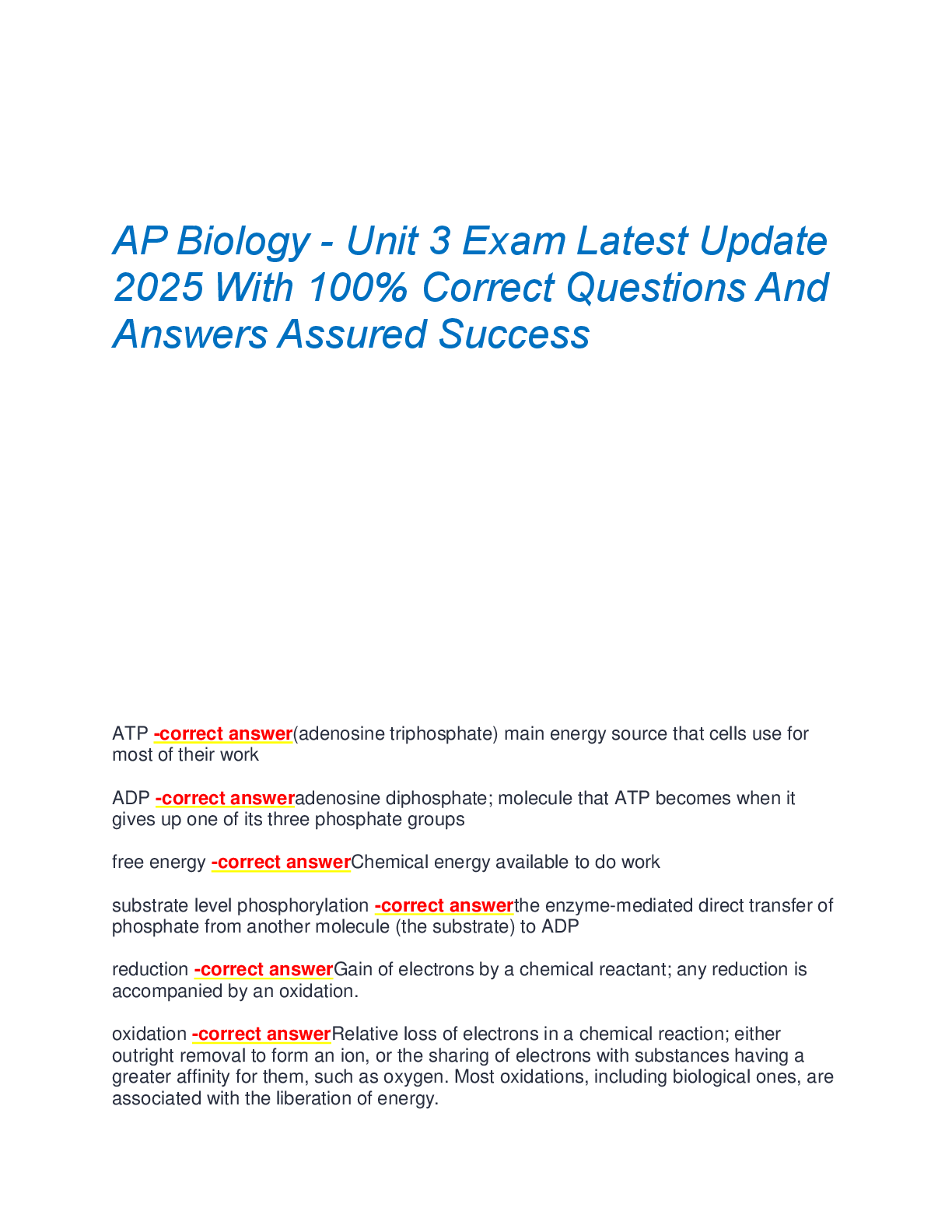 AP Biology - Unit 3 Exam Latest Update 2025 With 100% Correct Questions ...
