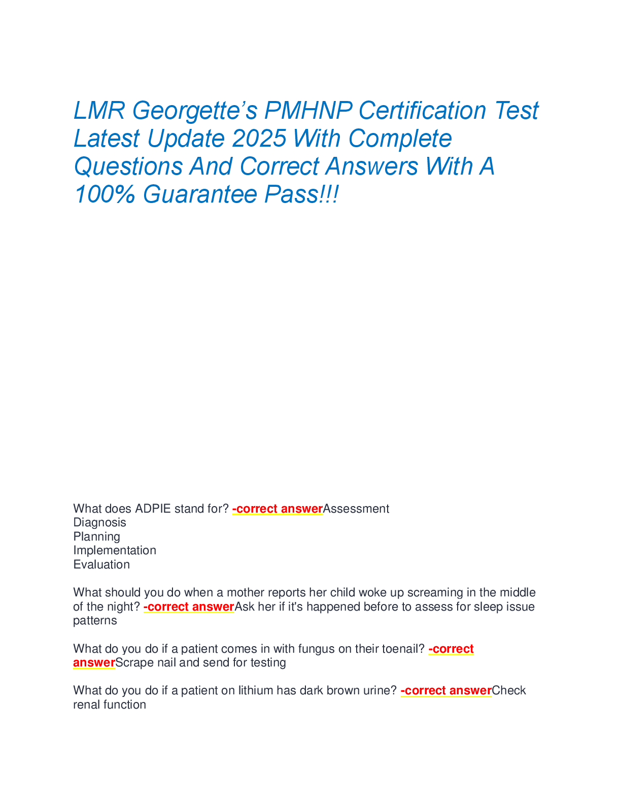LMR Georgette’s PMHNP Certification Test  Latest Update 2025 With Complete  Questions And Correct Answers With A  100% Guarantee Pass!!!