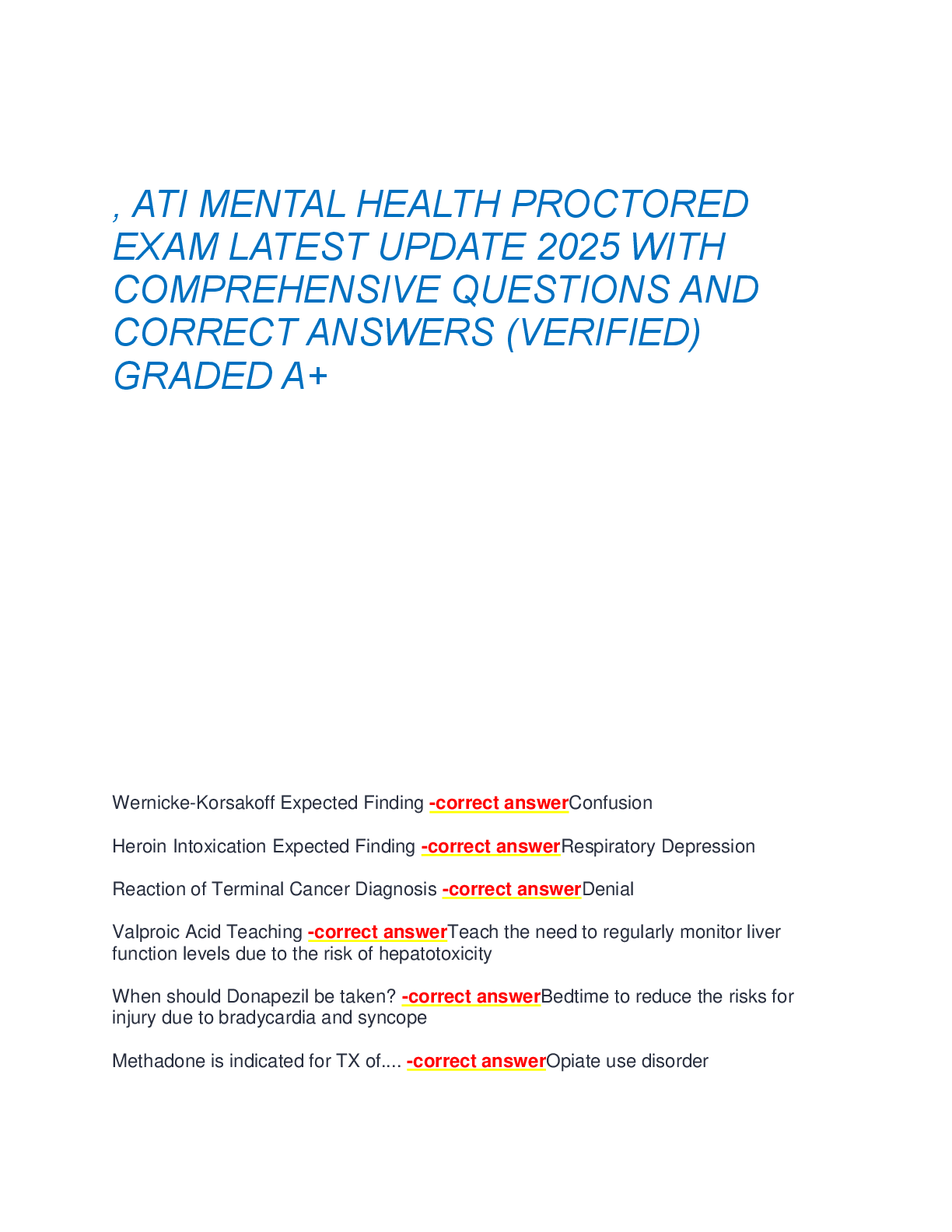 ATI MENTAL HEALTH PROCTORED  EXAM LATEST UPDATE 2025 WITH  COMPREHENSIVE QUESTIONS AND  CORRECT ANSWERS (VERIFIED)  GRADED A+