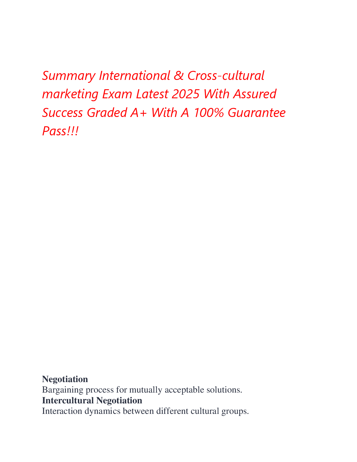 Preview image for Summary International & Cross-cultural  marketing Exam Latest 2025 With Assured  Success Graded A+ With A 100% Guarantee  Pass!!!