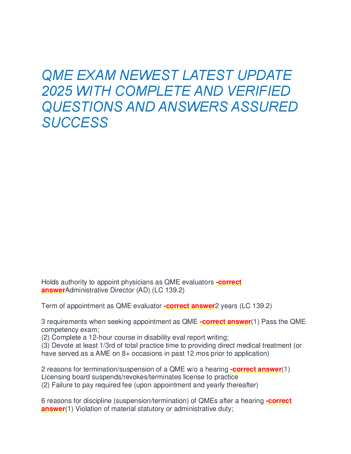 QME EXAM NEWEST LATEST UPDATE  2025 WITH COMPLETE AND VERIFIED  QUESTIONS AND ANSWERS ASSURED  SUCCESS