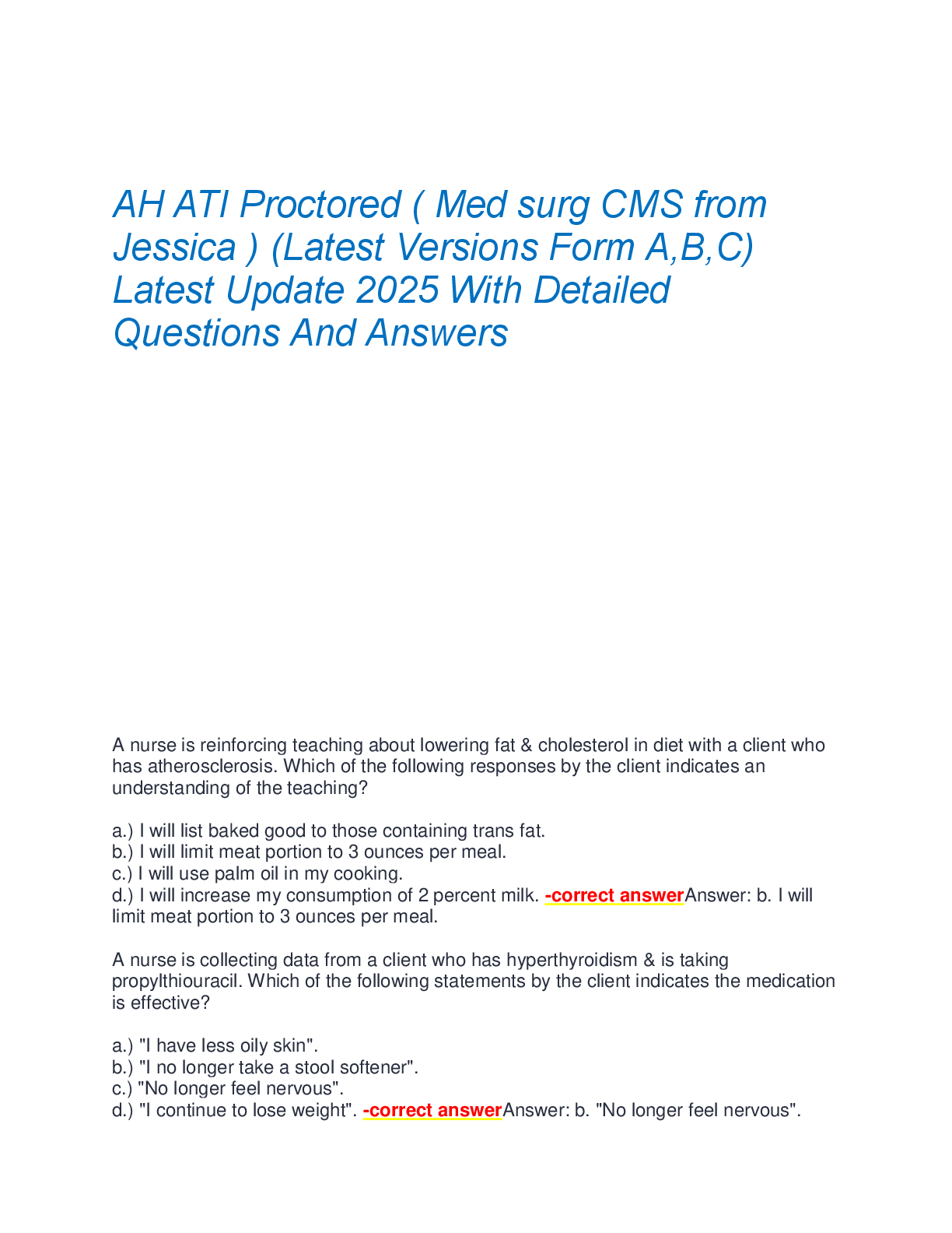 Preview image for AH ATI Proctored ( Med surg CMS from  Jessica ) (Latest Versions Form A,B,C)  Latest Update 2025 With Detailed  Questions And Answers