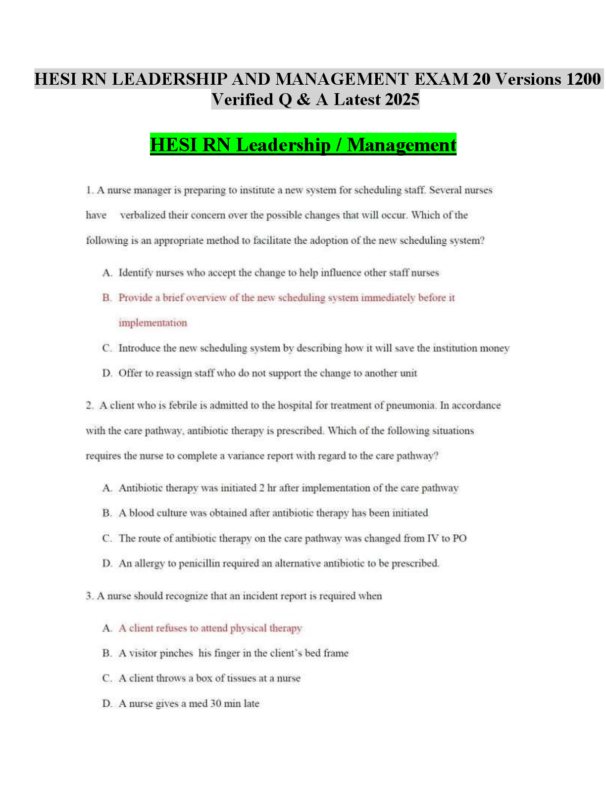 Preview image for HESI RN LEADERSHIP AND MANAGEMENT EXAM 20 Versions 1200 Verified Q & A Latest 2025