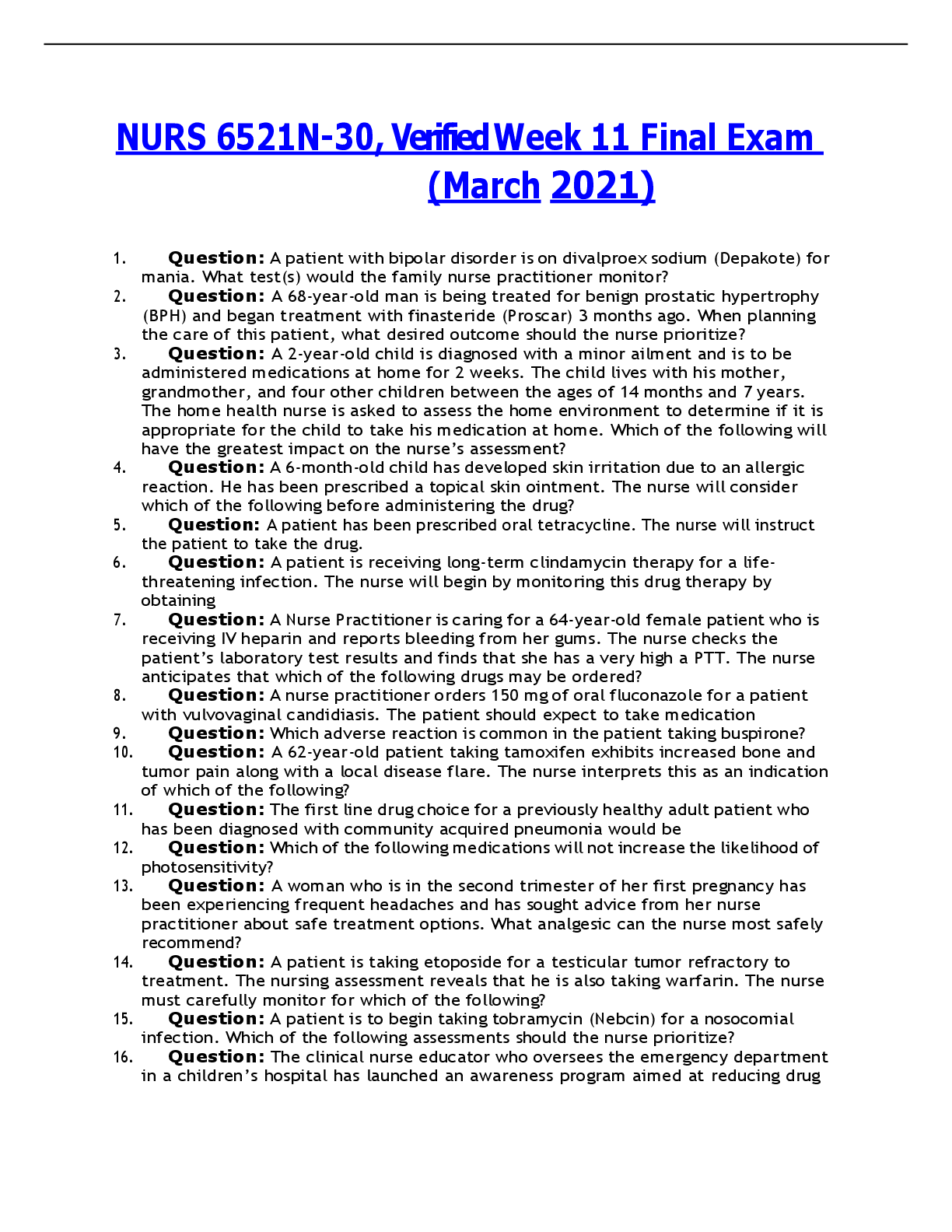 Preview of NURS 6521N-30, Verified Week 11 Final Exam  (March 2021)