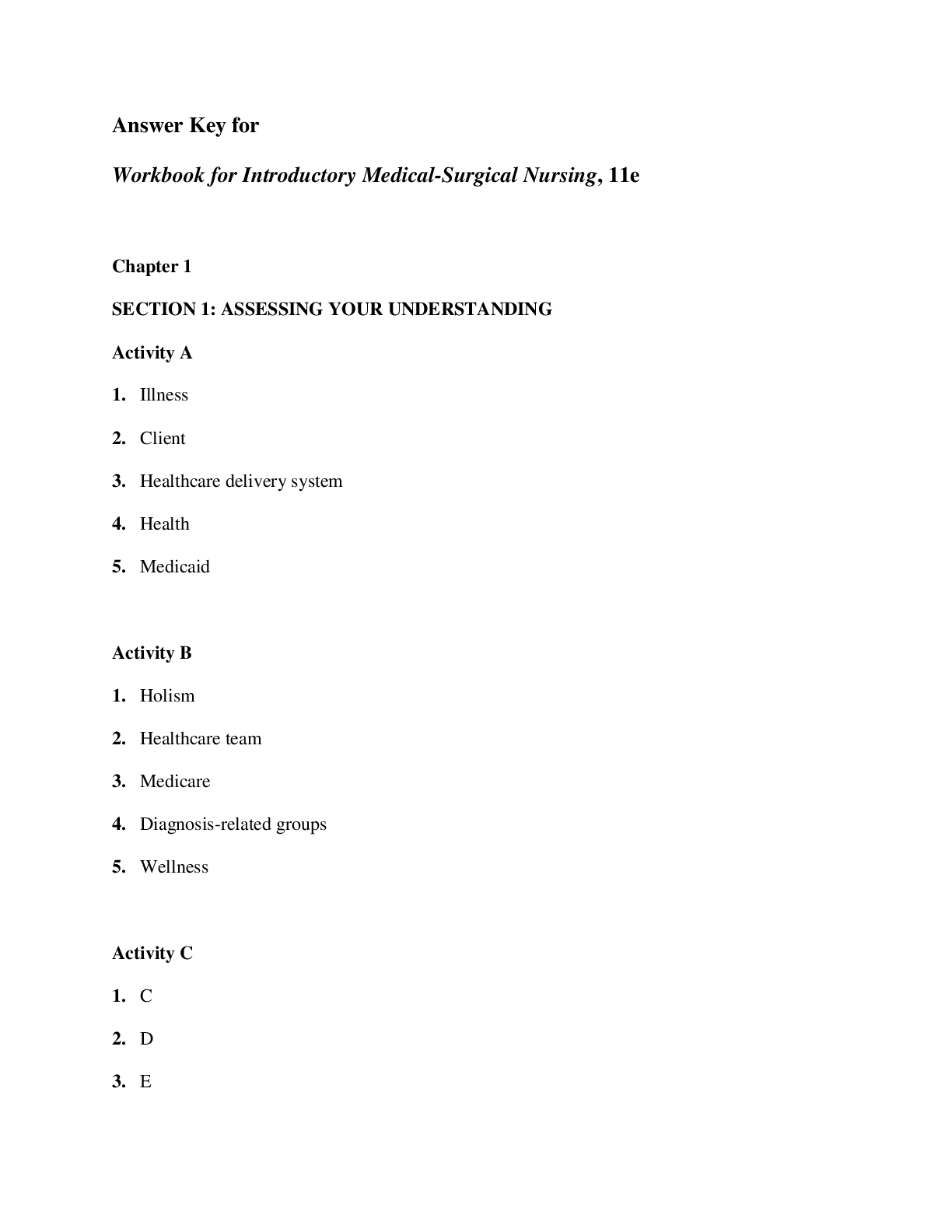 Preview image for Answer Key for Workbook for Introductory Medical-Surgical Nursing, 11th Edition