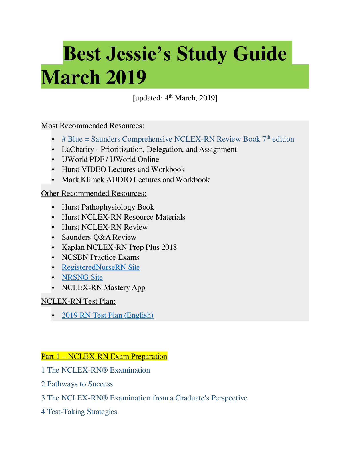 Preview of Best Jessie’s Study Guide March 2019