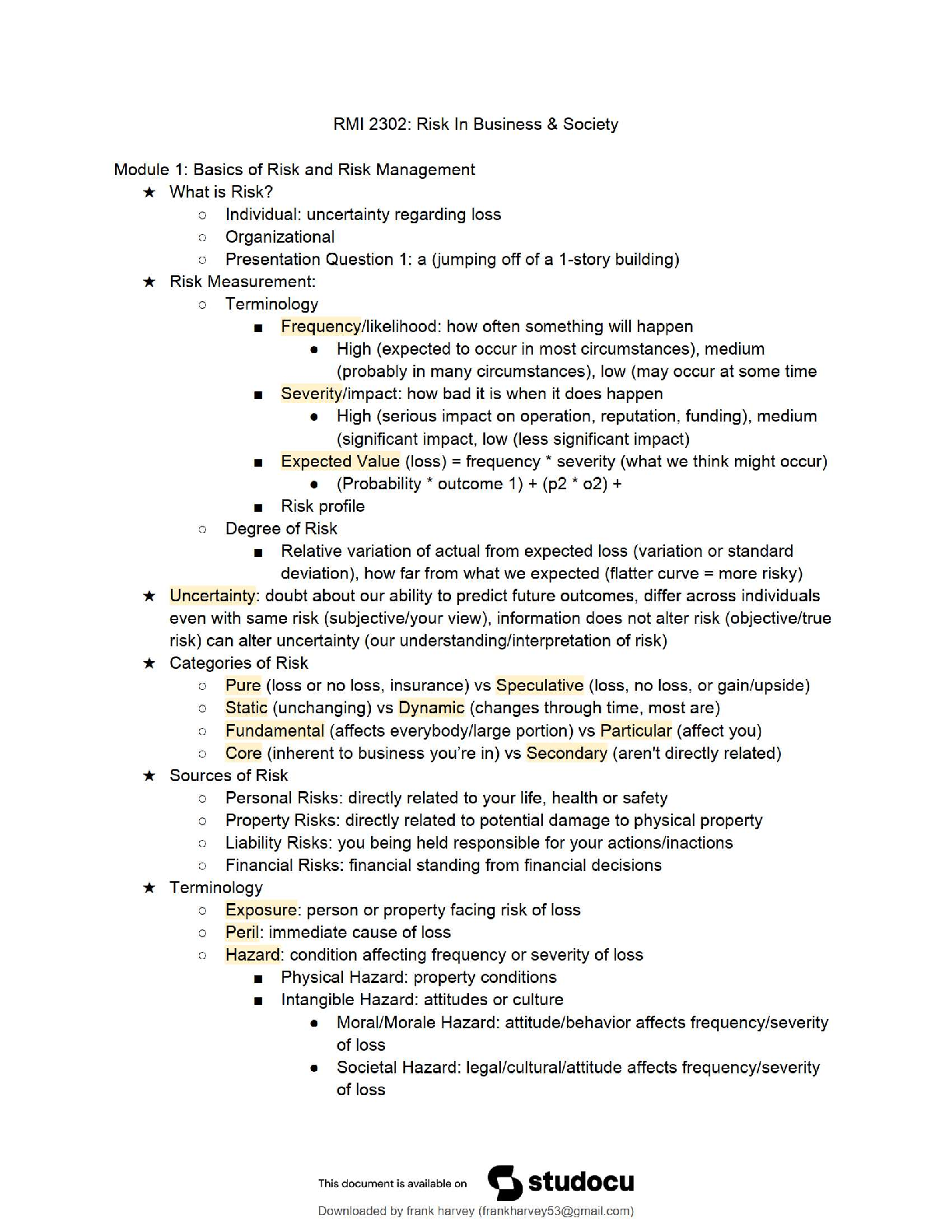Recommended document preview for RMI 2302 Lecture Notes / 2025 Risk in Business & Society Study Guide