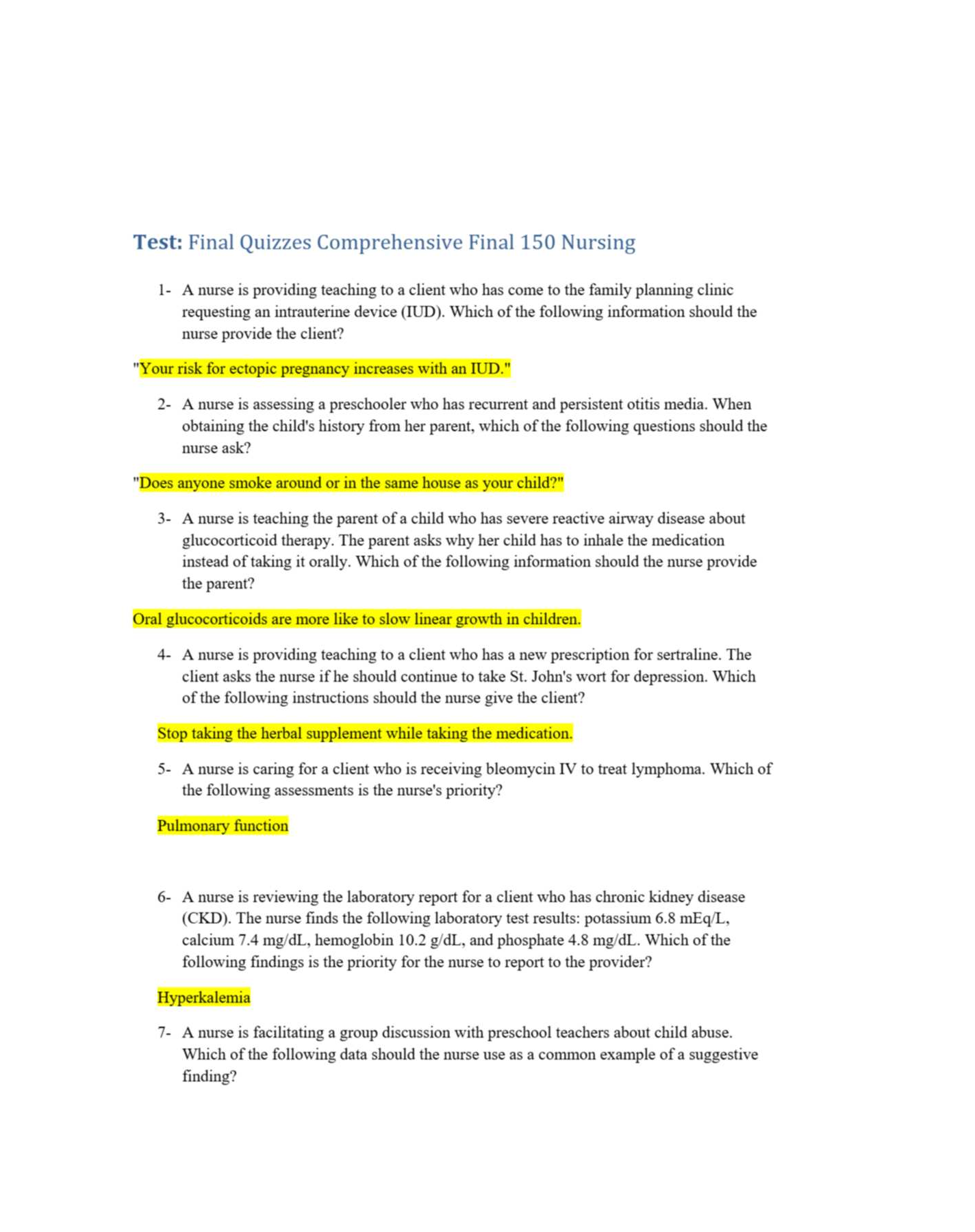 Preview image for COMPREHENSIVE FINAL QUIZZES FOR NURSING:150 key questions