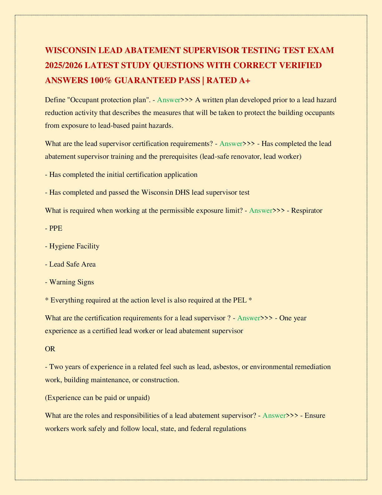 WISCONSIN LEAD ABATEMENT SUPERVISOR TESTING TEST EXAM 2025/2026 LATEST STUDY QUESTIONS WITH CORRECT VERIFIED ANSWERS 100% GUARANTEED PASS | RATED A+