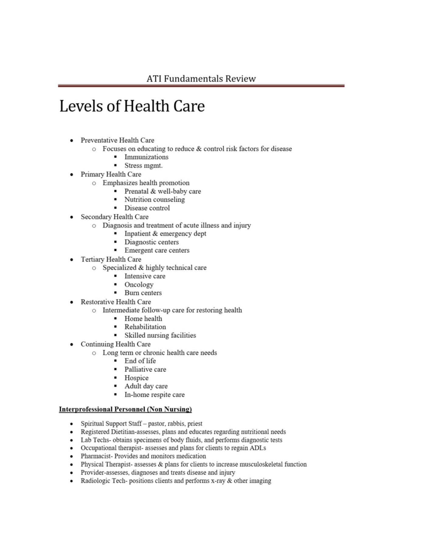 Preview image for LEVELS OF HEALTH CARE IN NURSING