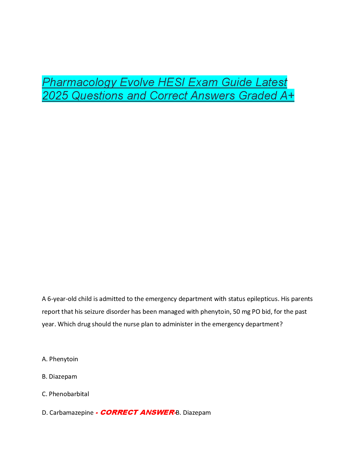 Preview of Pharmacology Evolve HESI Exam Guide Latest  2025 Questions and Correct Answers Graded A+