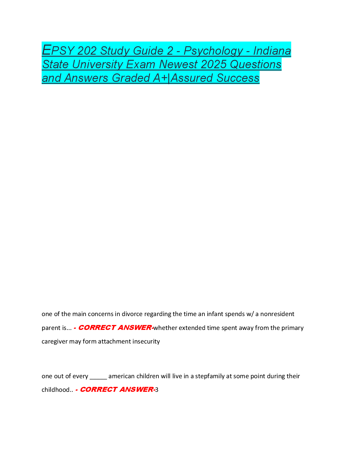 Preview of EPSY 202 Study Guide 2 - Psychology - Indiana  State University Exam Newest 2025 Questions