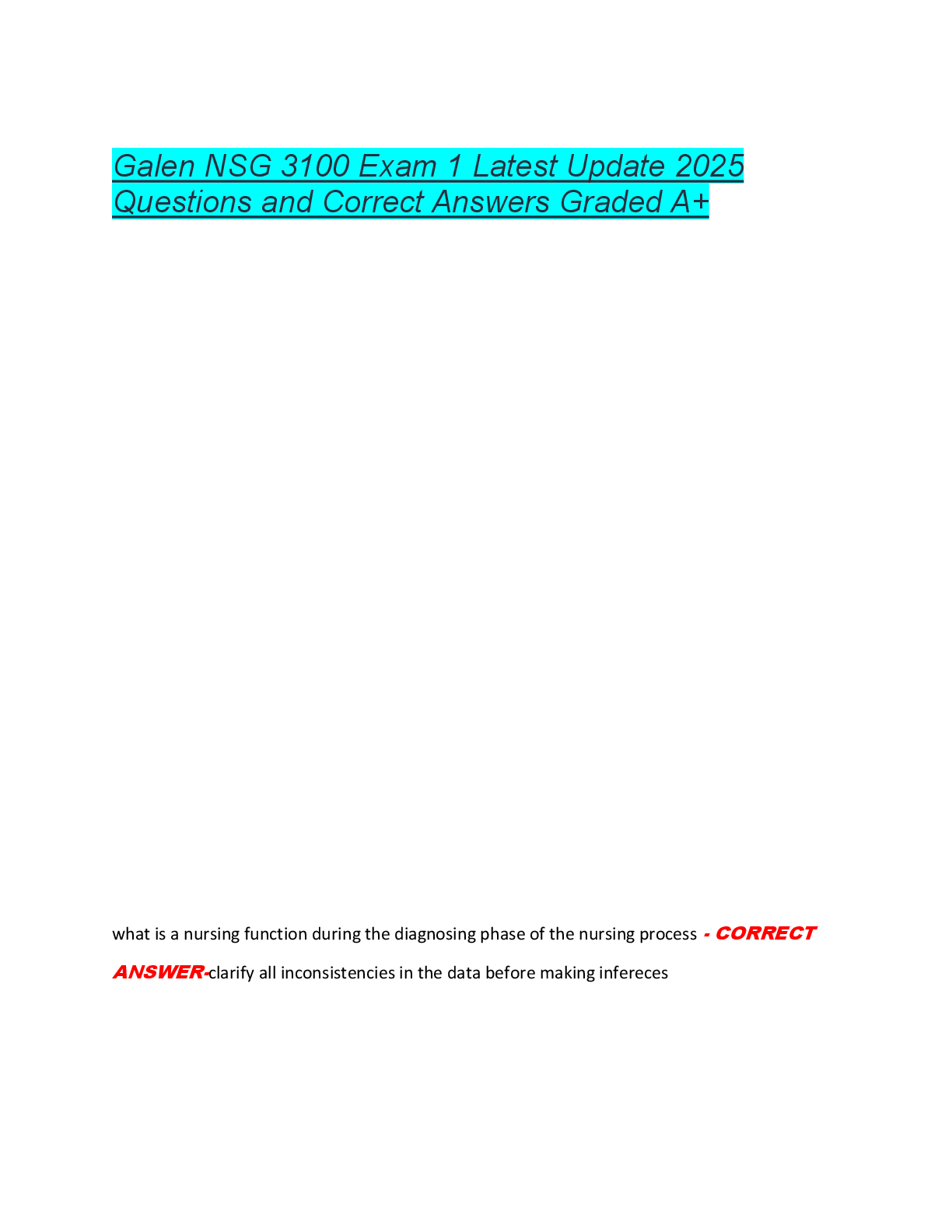 Recommended document preview for Galen NSG 3100 Exam 1 Latest Update 2025  Questions and Correct Answers Graded A+