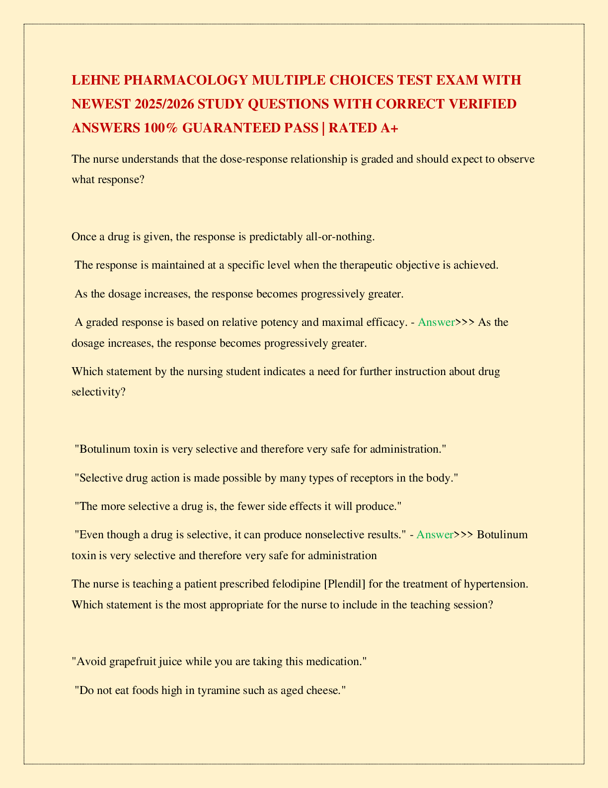 Preview of LEHNE PHARMACOLOGY MULTIPLE CHOICES TEST EXAM WITH NEWEST 2025/2026 STUDY QUESTIONS WITH CORRECT VERIFIED ANSWERS 100% GUARANTEED PASS | RATED A+