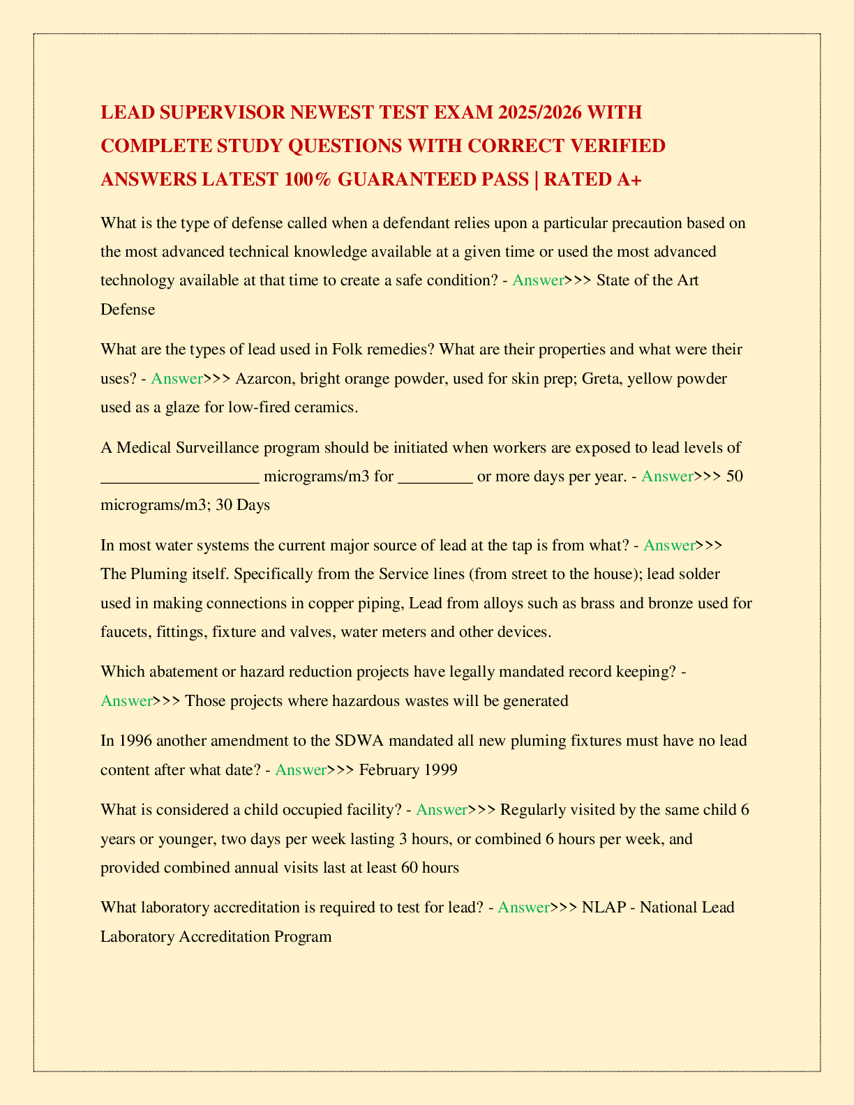 LEAD SUPERVISOR NEWEST TEST EXAM 2025/2026 WITH COMPLETE STUDY QUESTIONS WITH CORRECT VERIFIED ANSWERS LATEST 100% GUARANTEED PASS | RATED A+