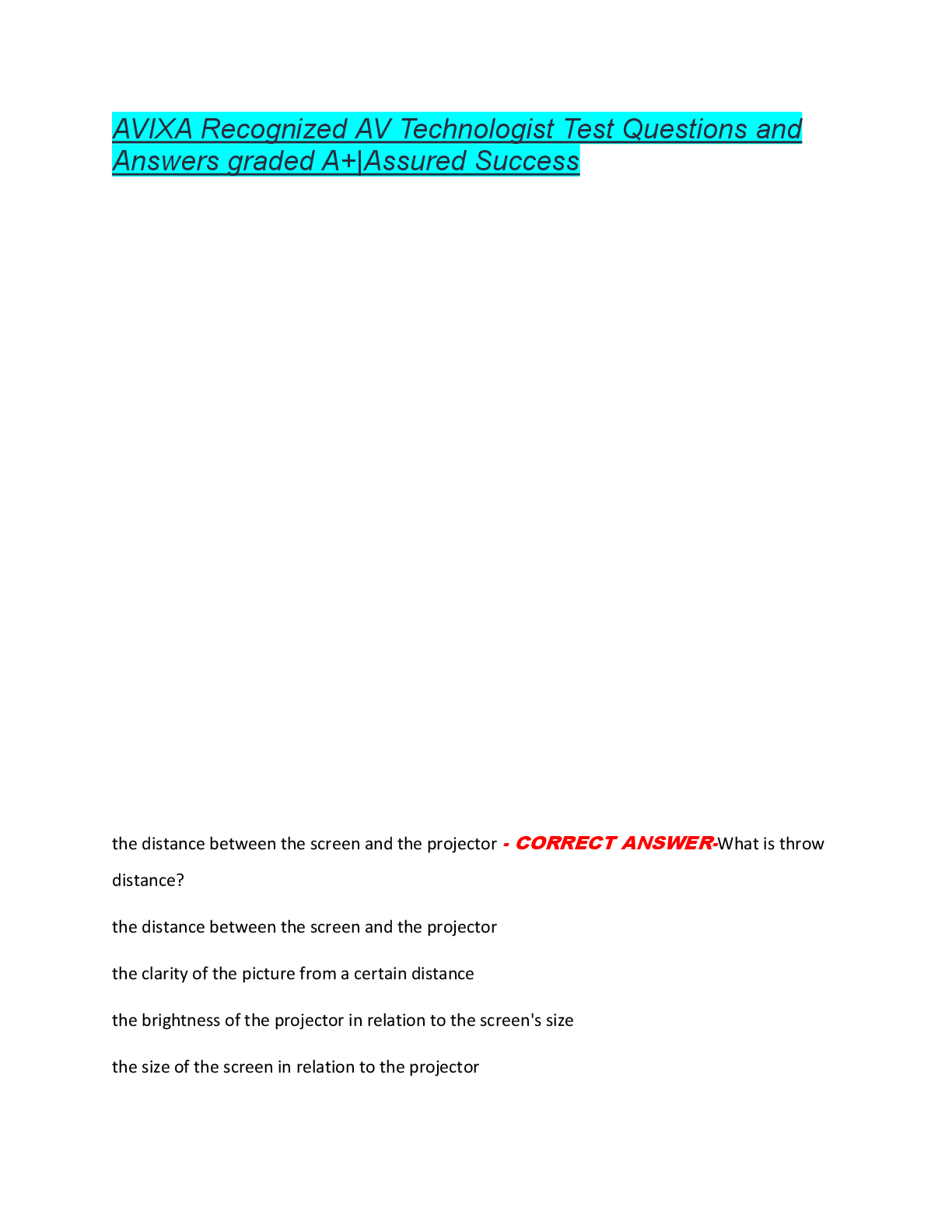 AVIXA Recognized AV Technologist Test Questions and  Answers graded A+|Assured Success