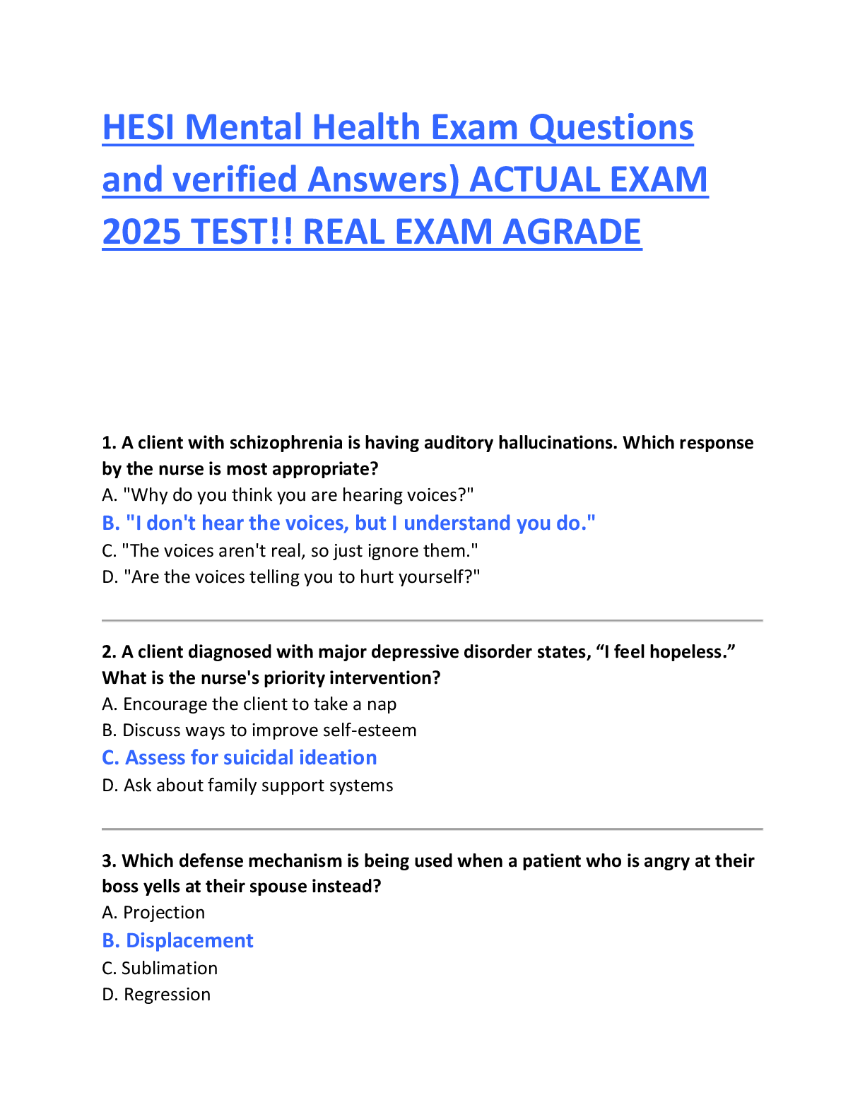 Recommended document preview for HESI Mental Health Exam Questions and verified Answers) ACTUAL EXAM  2025 TEST!! REAL EXAM AGRADE A+