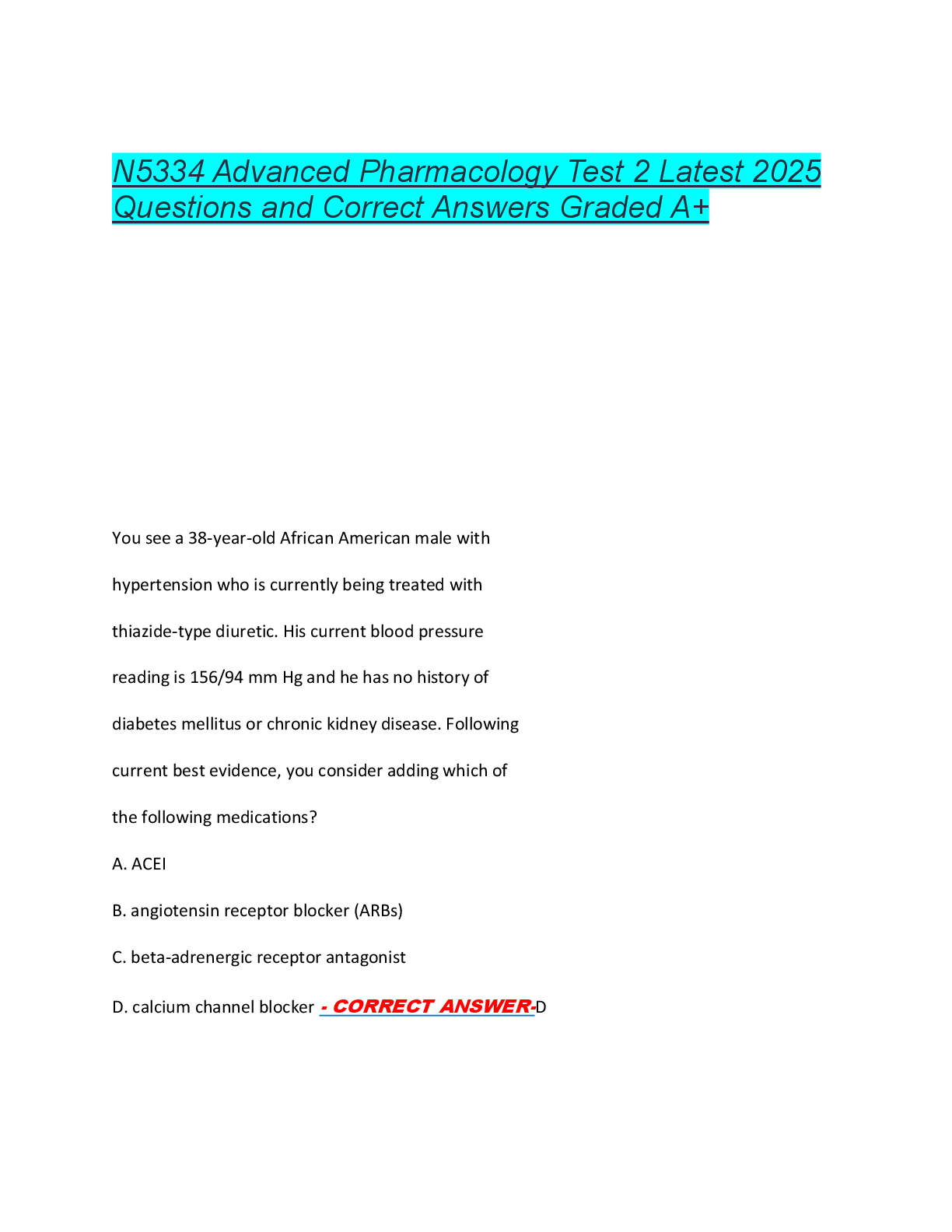 Preview of N5334 Advanced Pharmacology Test 2 Latest 2025  Questions and Correct Answers Graded A+