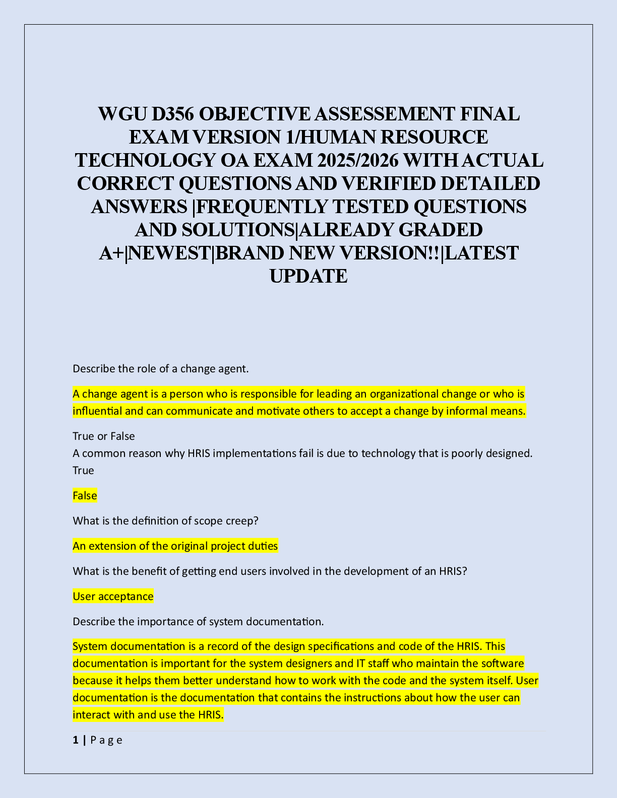 Preview image for WGU D356 OBJECTIVE ASSESSEMENT FINAL  EXAM VERSION 1/HUMAN RESOURCE  TECHNOLOGY OA EXAM 2025/2026