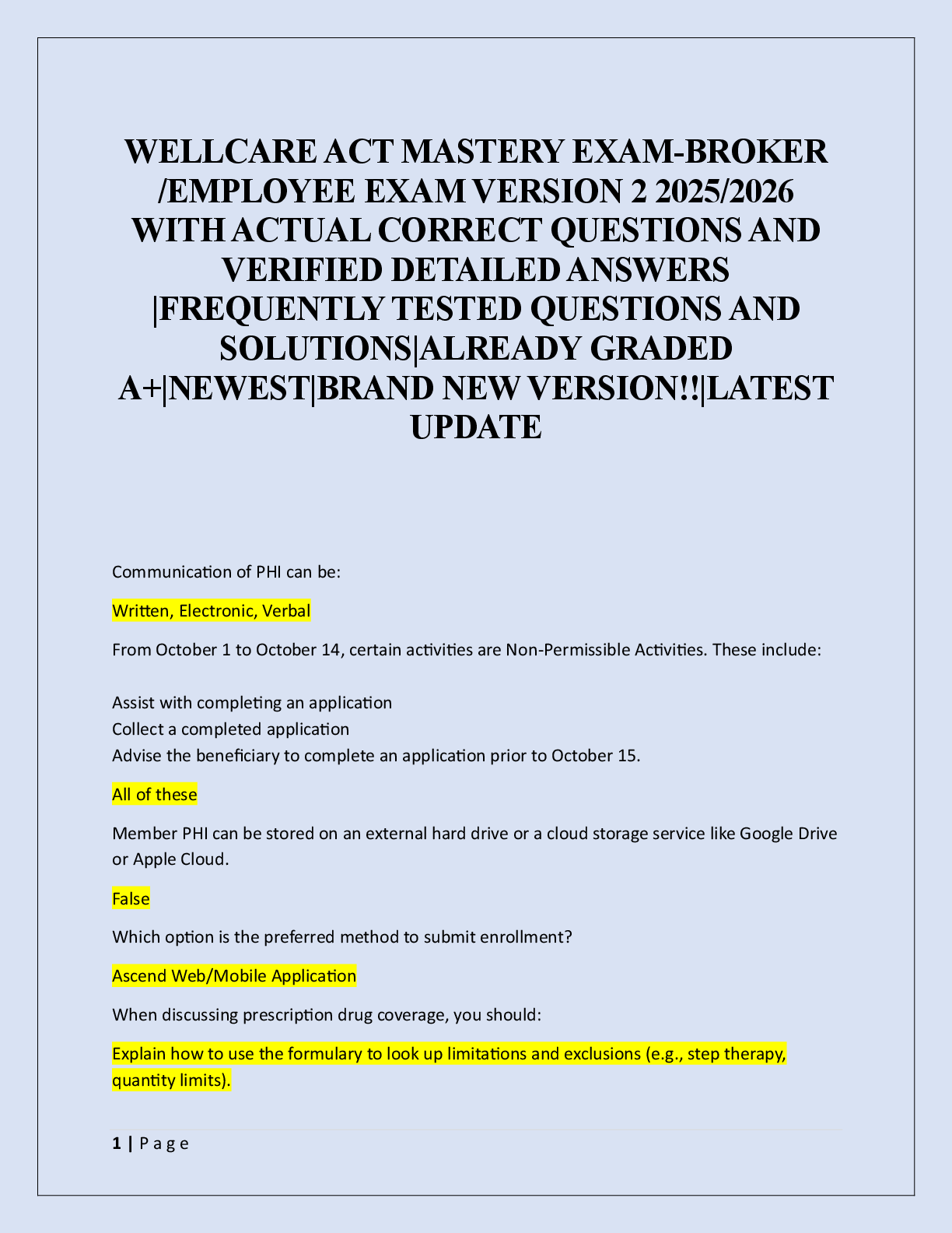 Preview image for WELLCARE ACT MASTERY EXAM-BROKER  /EMPLOYEE EXAM VERSION 2 2025/2026