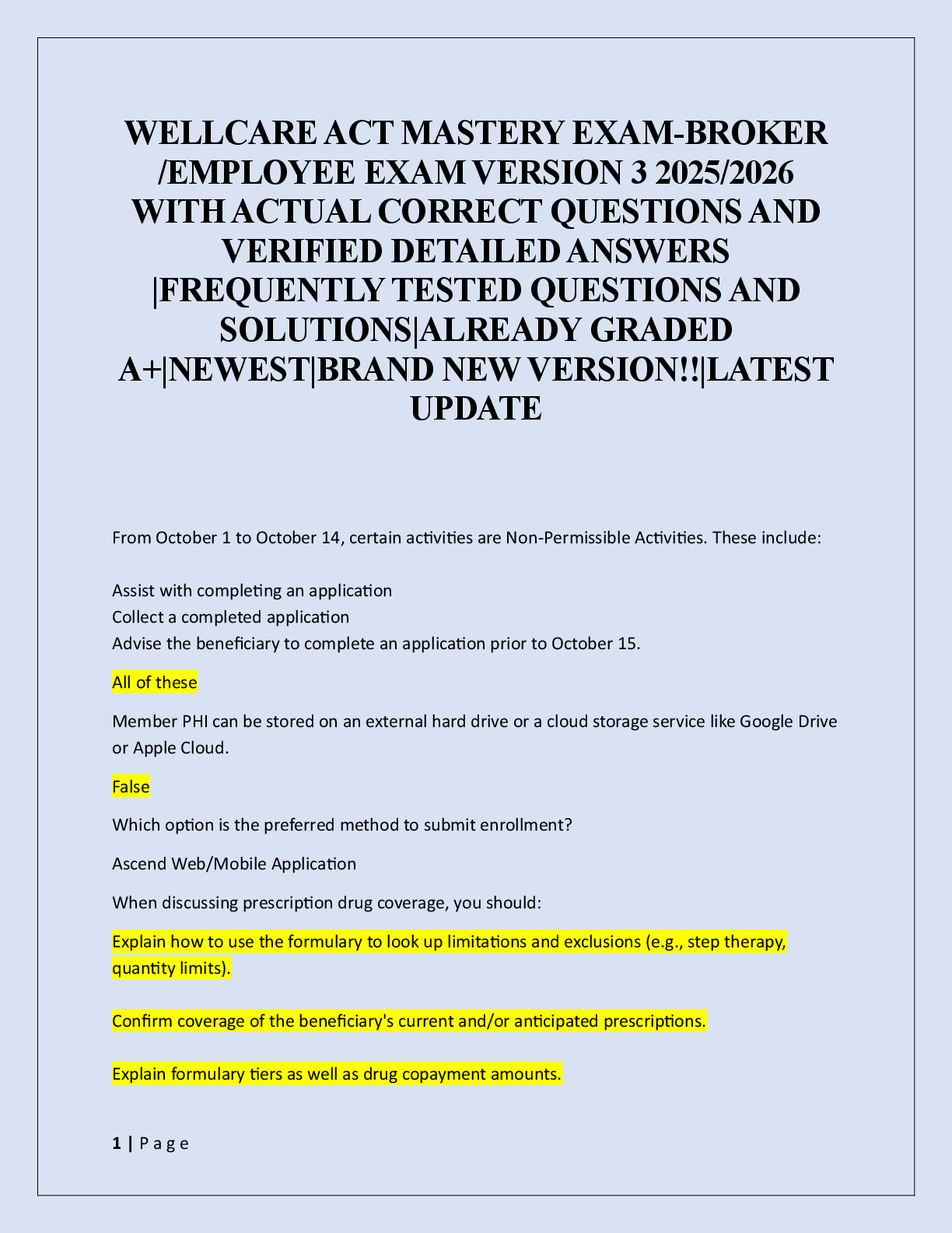 Preview image for WELLCARE ACT MASTERY EXAM-BROKER  /EMPLOYEE EXAM VERSION 2 2025/2026