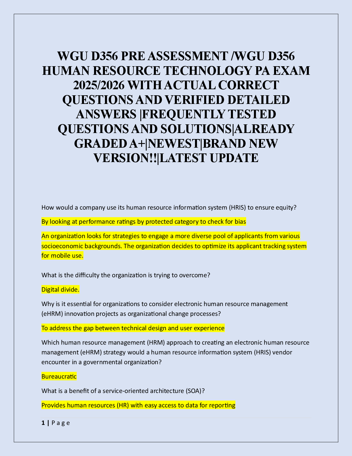 Preview image for WGU D356 PRE ASSESSMENT /WGU D356  HUMAN RESOURCE TECHNOLOGY PA EXAM  2025/2026