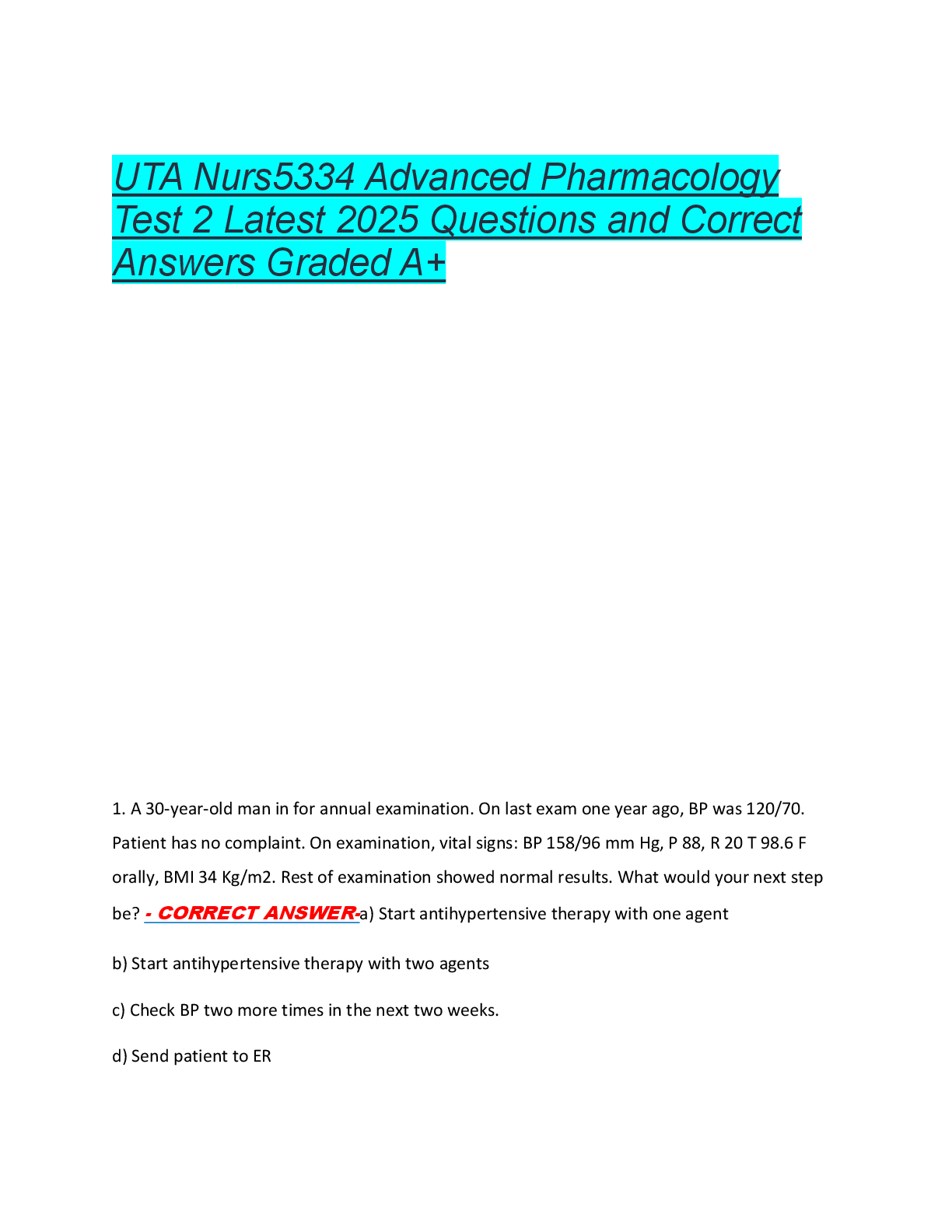 Preview of UTA Nurs5334 Advanced Pharmacology  Test 2 Latest 2025 Questions and Correct  Answers Grad