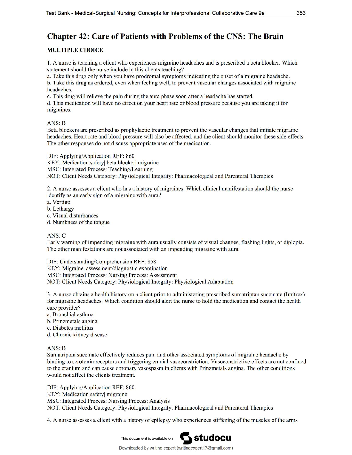 Preview of NUR 242 Galen College – Chapter 42: CNS & Brain Disorders | NEW 2025 Version – Score 100%