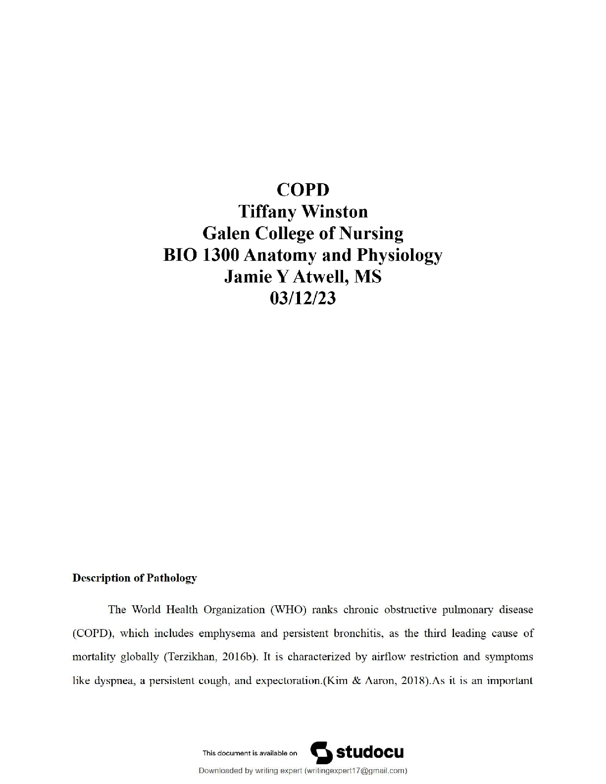 Preview of BIO 1300 Anatomy and Physiology – COPD Final Essay | 2025 Updated Version – Score 100%