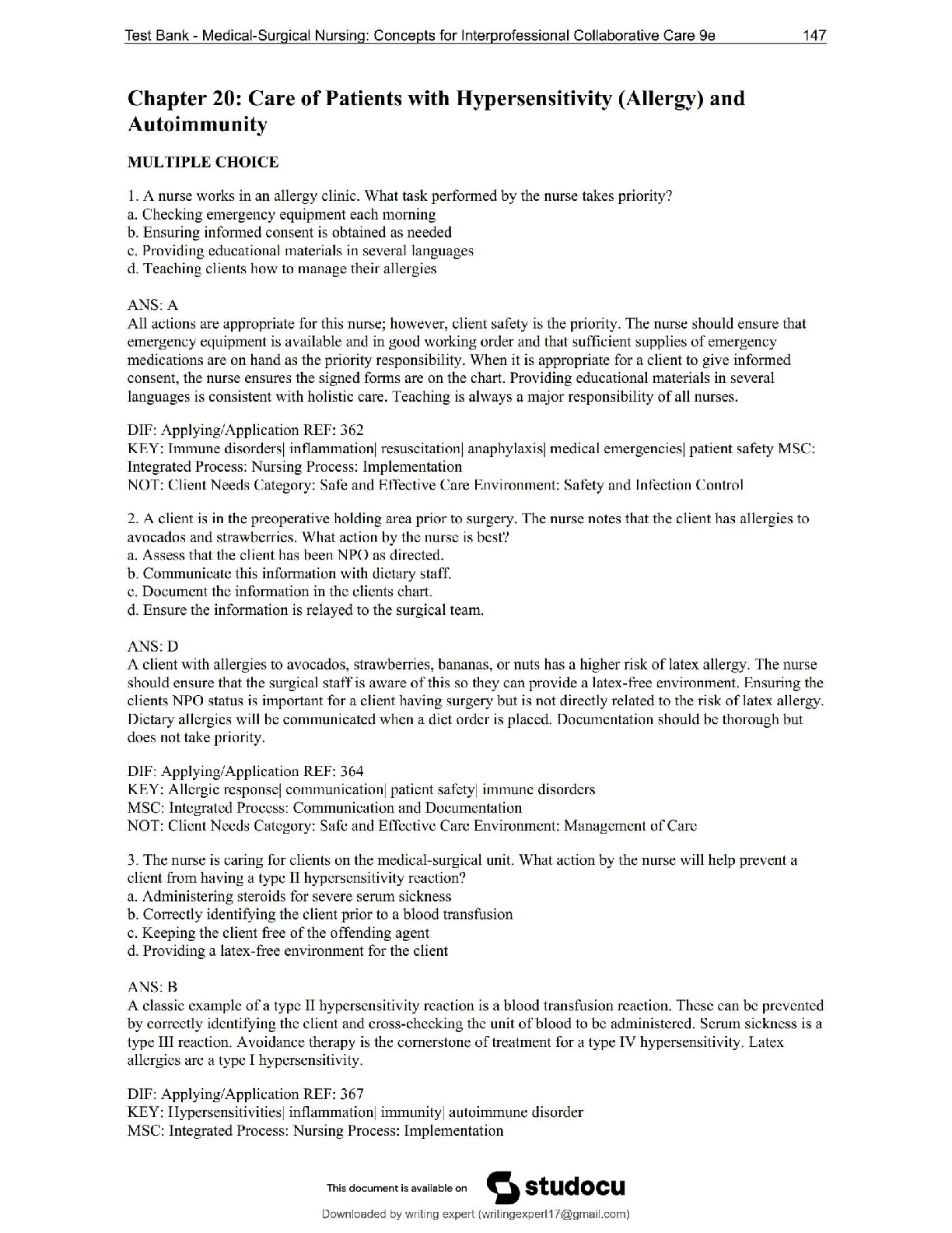 Preview of NUR 242 Galen College – Chapter 20: Hypersensitivity &amp; Immune System Disorders | NEW 2025 Version – Score 100%