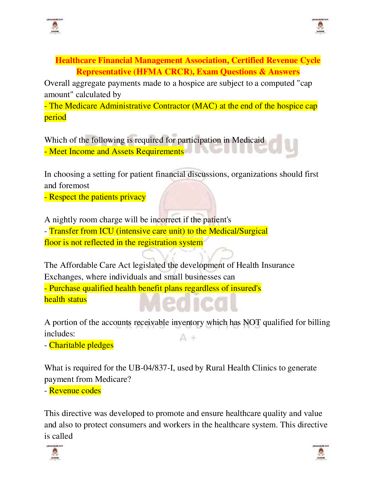 Preview image for Healthcare Financial Management Association, Certified Revenue Cycle Representative (HFMA CRCR), Exam Questions & Answers