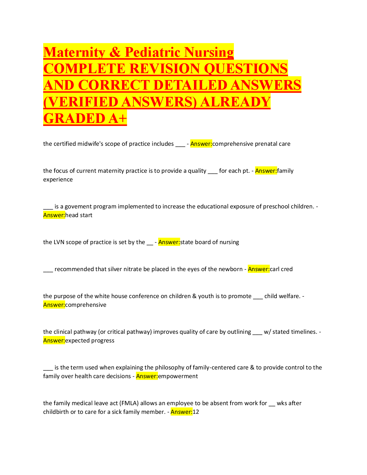 Preview image for Maternity and Pediatric Nursing – Complete Exam Review with Verified Questions and Detailed Rationales | NCLEX & HESI Prep