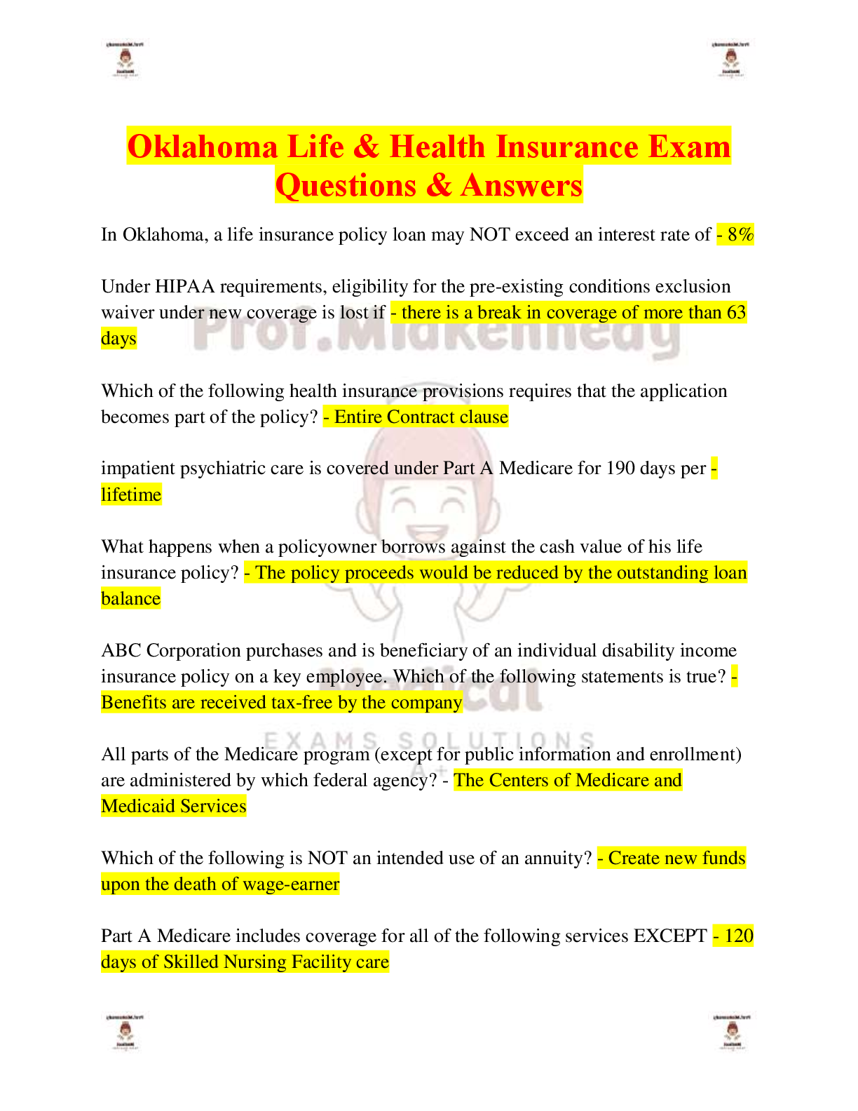 Preview image for Oklahoma Life & Health Insurance Exam Questions & Answers