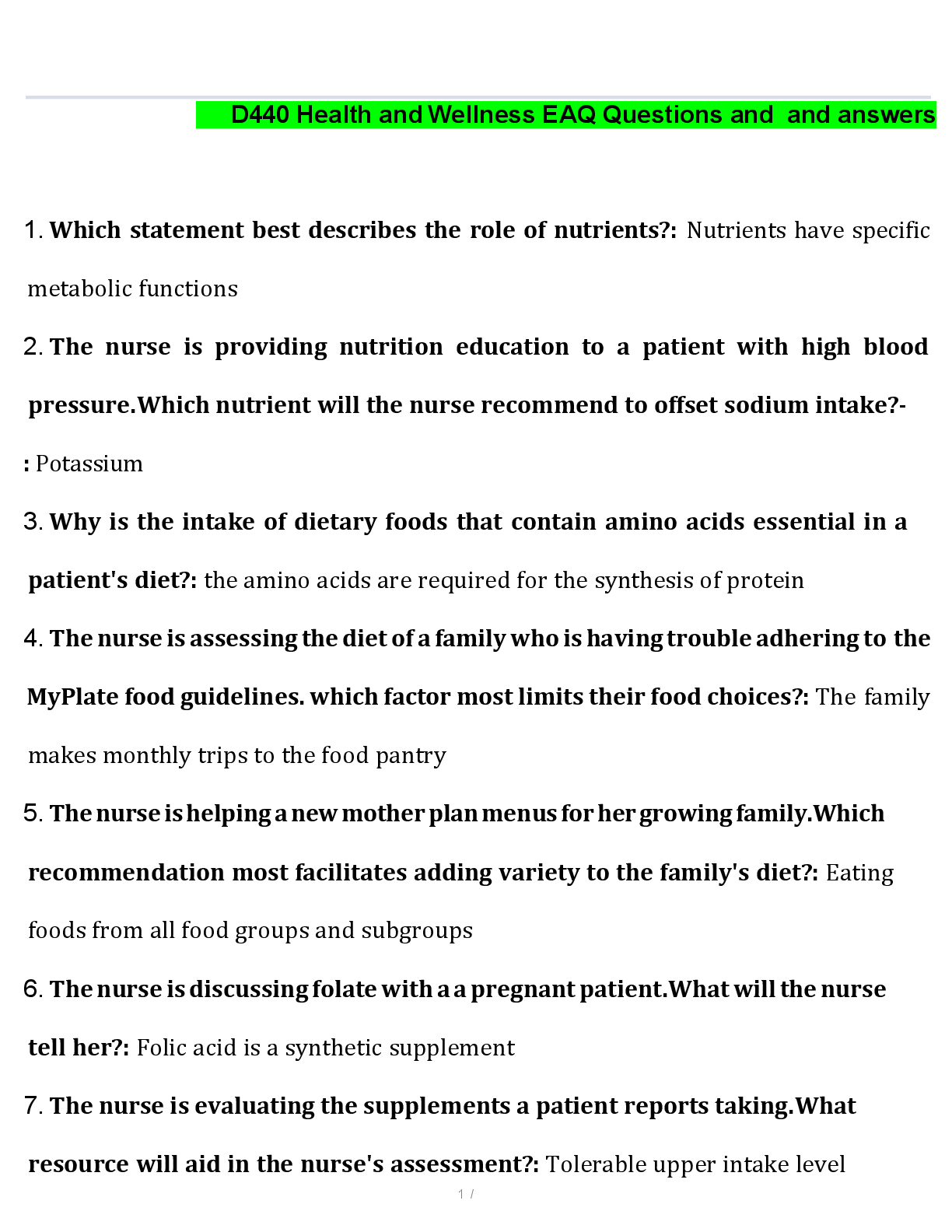 Preview image for D440 Health and Wellness EAQ Questions and  and answers