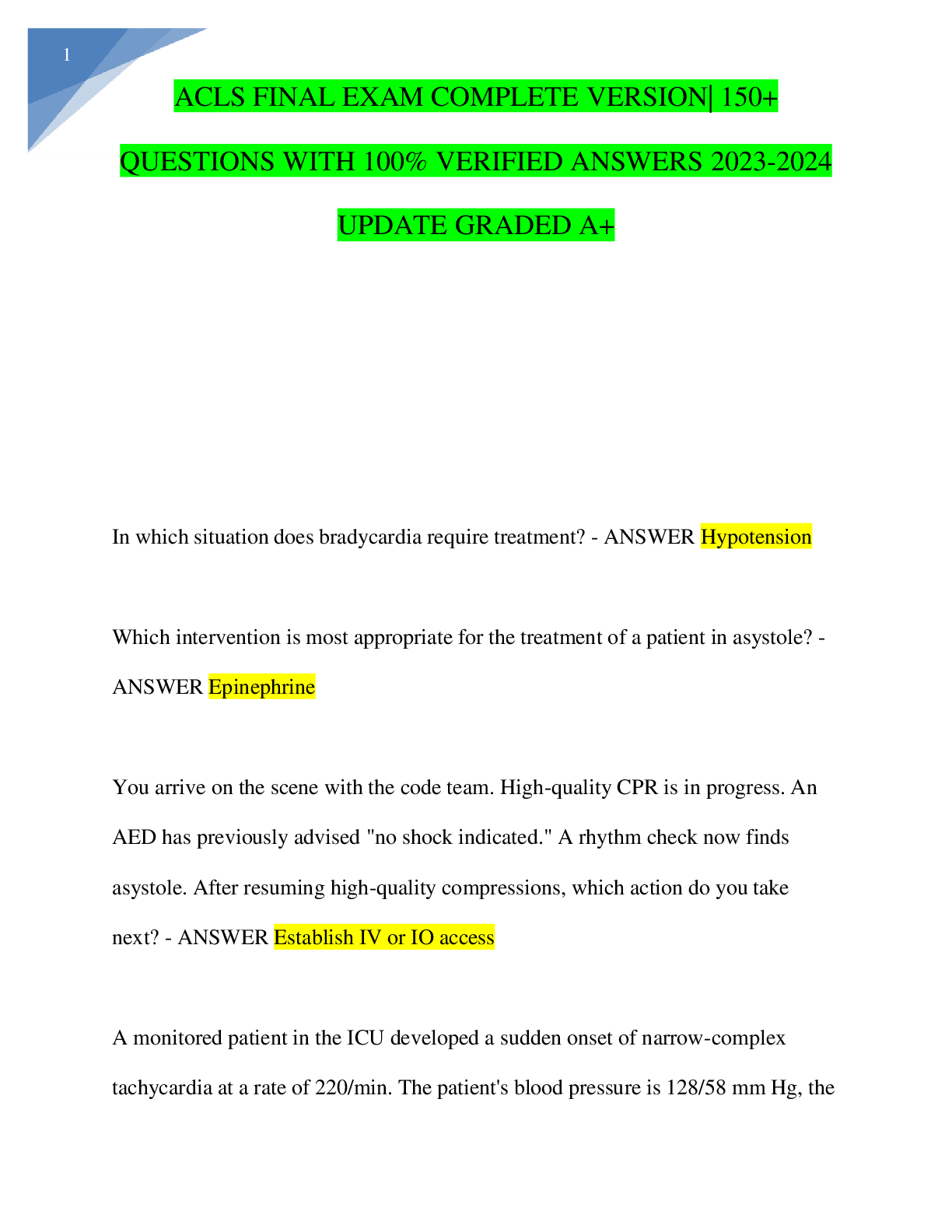 ACLS FINAL EXAM COMPLETE VERSION| 150+  QUESTIONS WITH 100% VERIFIED ANSWERS 2023-2024  UPDATE GRADED A+