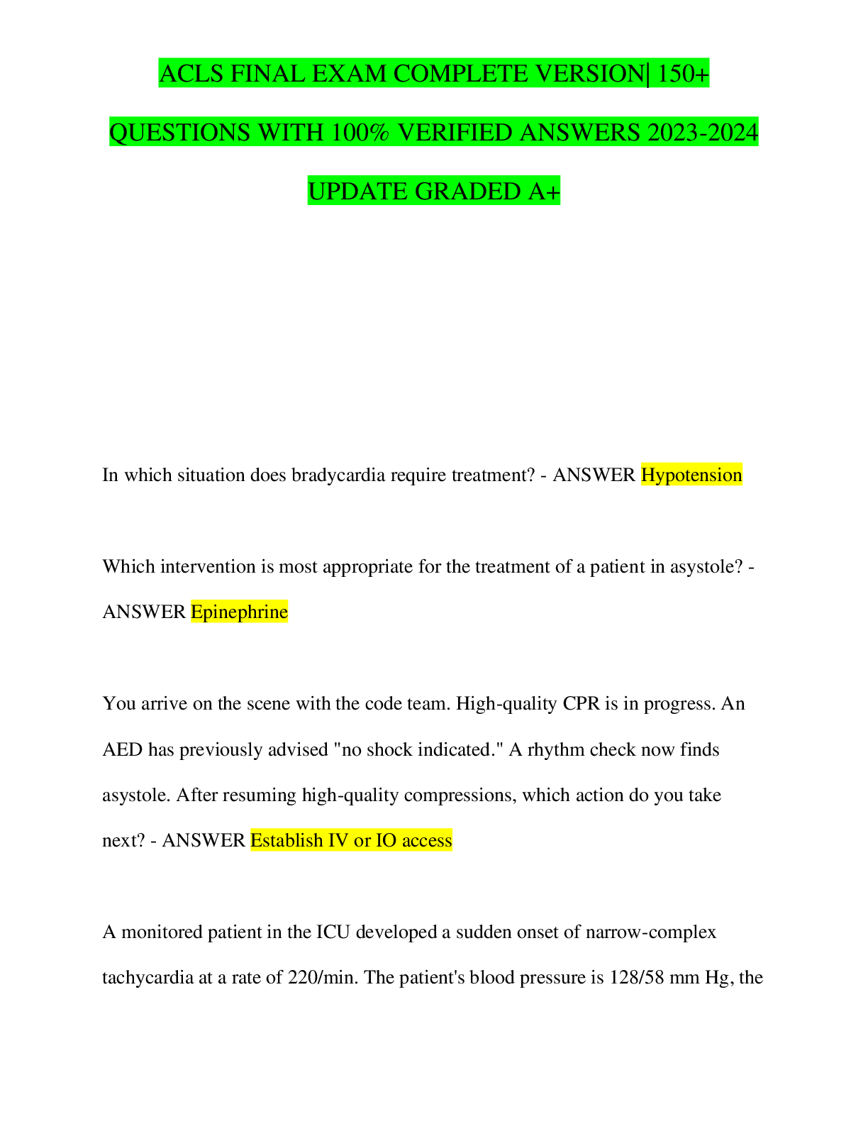 ACLS FINAL EXAM COMPLETE VERSION| 150+  QUESTIONS WITH 100% VERIFIED ANSWERS 2023-2024  UPDATE GRADED A+