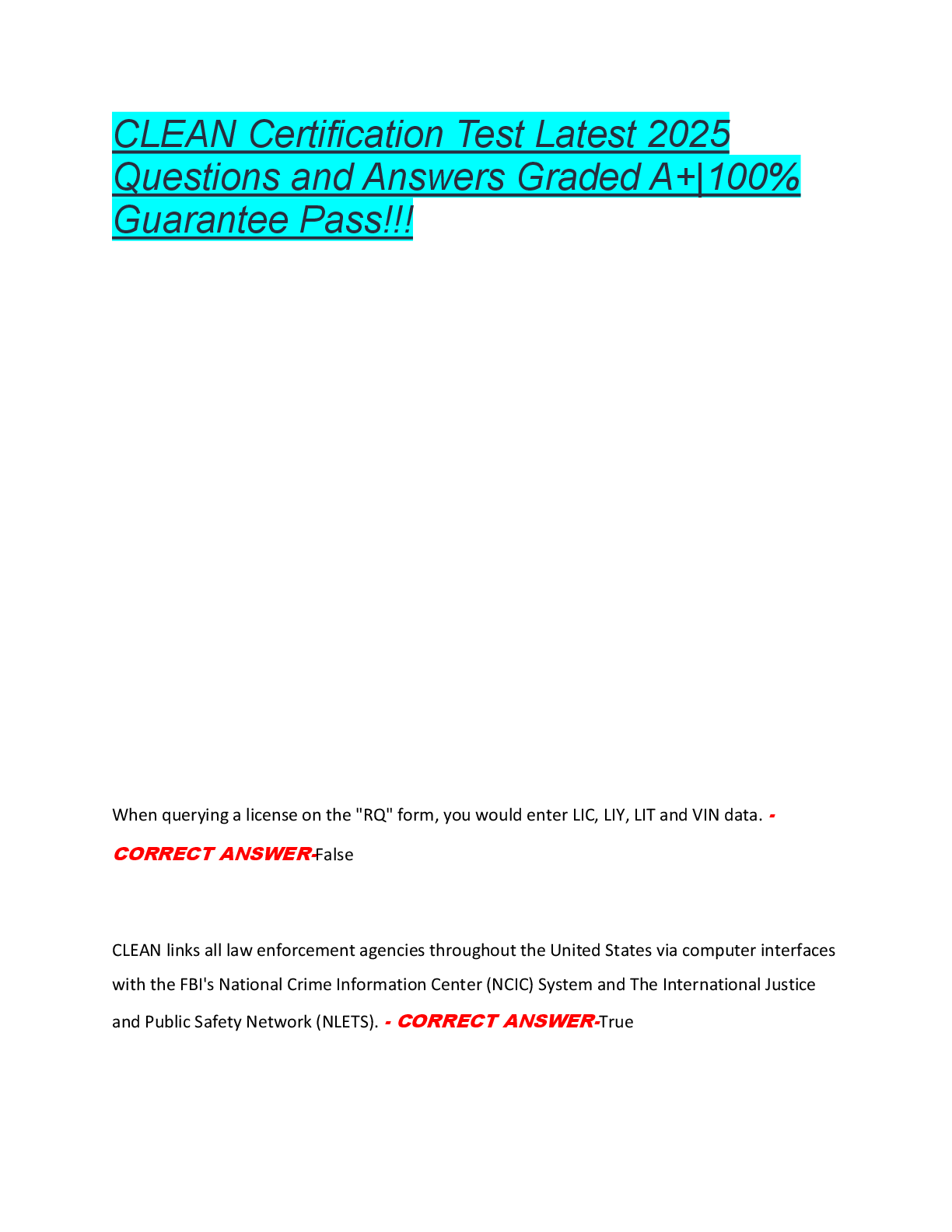 CLEAN Certification Test Latest 2025  Questions and Answers Graded A+|100%  Guarantee Pass!!!